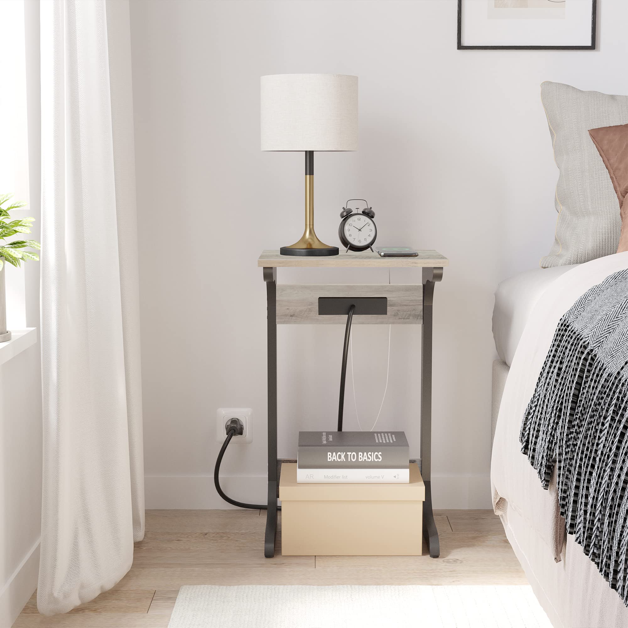 TUTOTAK C Shaped End Table with Charging Station, Tv Tray Table with 2 USB Ports and Outlets, Couch Table, Snack Table, Sofa Side Table for Small Spaces, Living Room, Bedroom TB01BG044