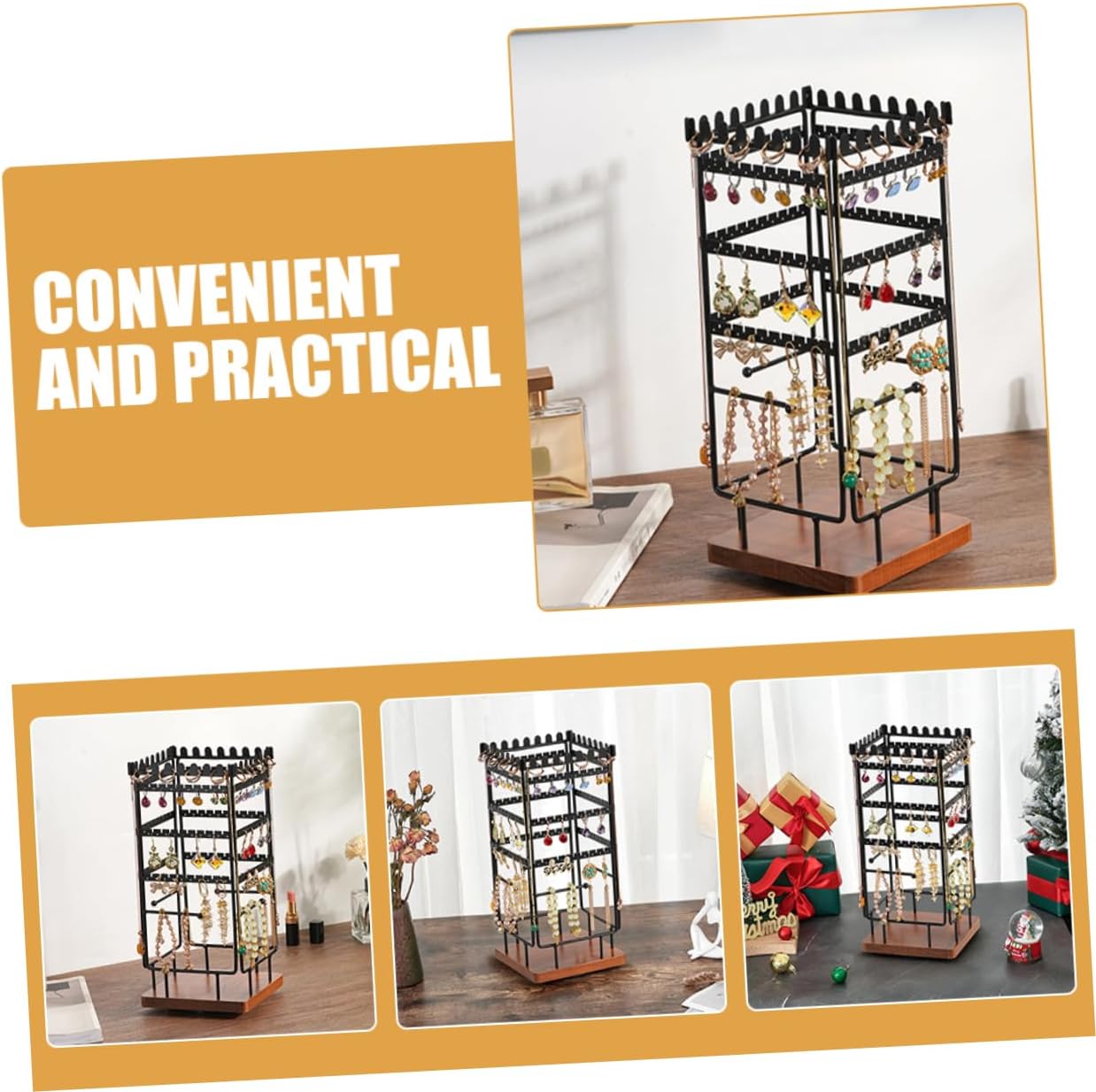 VICASKY Solid Wood Jewelry Organizer Stand Rotatable Four Sided Necklace Display Rack for Earrings Rings and Necklaces Compact Vanity Jewelry Holder for Home Store and Countertop Use and