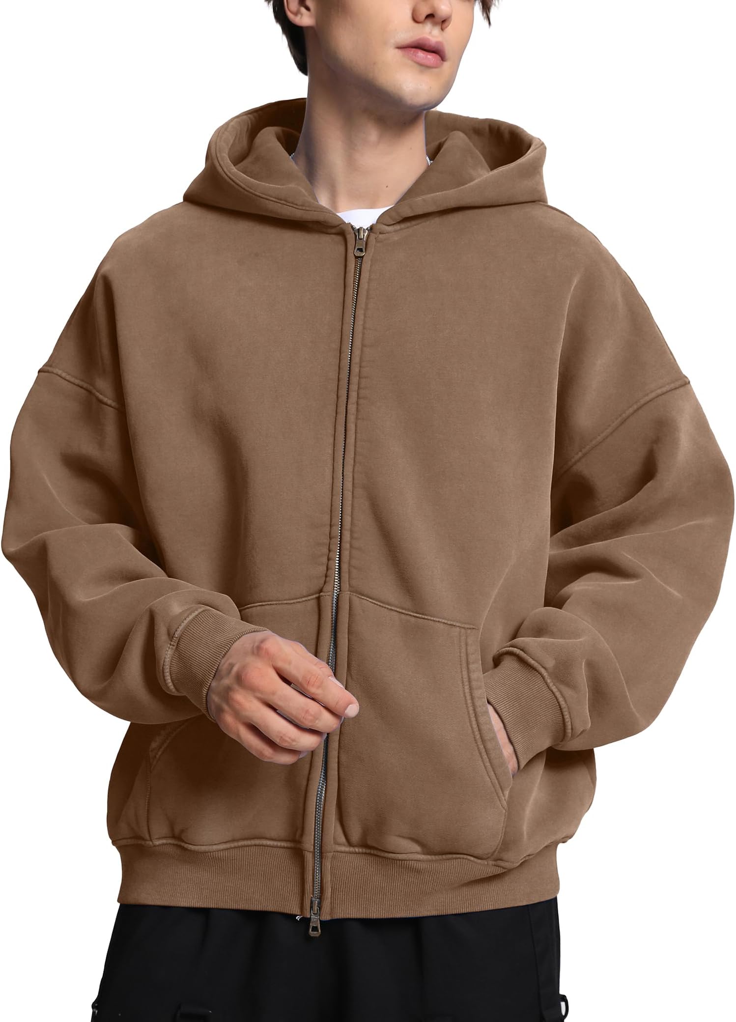 Dnzzs Mens Zip Up Hoodie Oversized Acid Wash Hoodie Heavyweight Fleece Full Zipper Vintage Sweatshirt Fall Fashion Zip Jacket