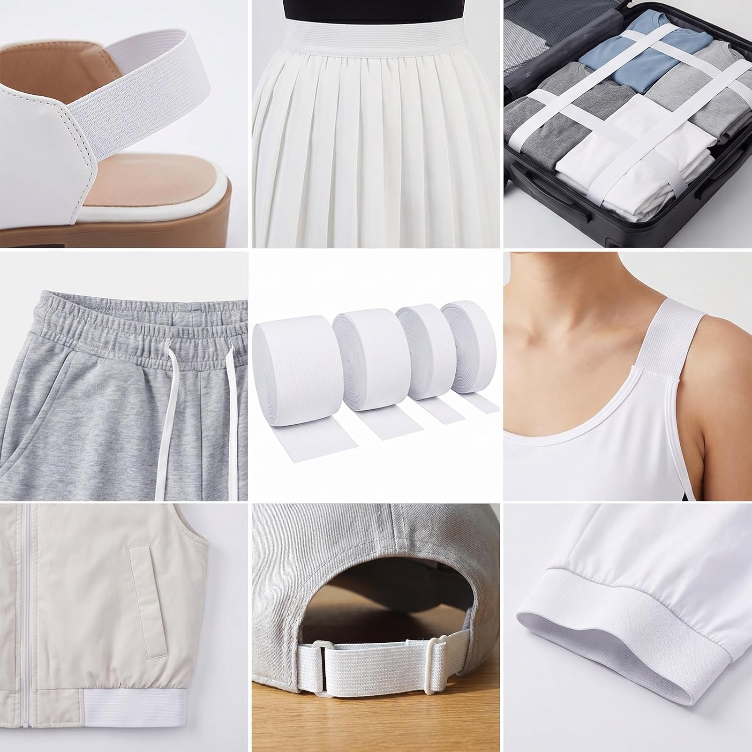 4 Rolls Highly Elastic Sewing Elastic Band, White High Elasticity Sewing Tapes Spool, 0.6/0.8/1.4/2 Inch in Width, 5.5 Yards/Roll in Length, for Waistband Dresses Pants Swimwear DIY Crafts