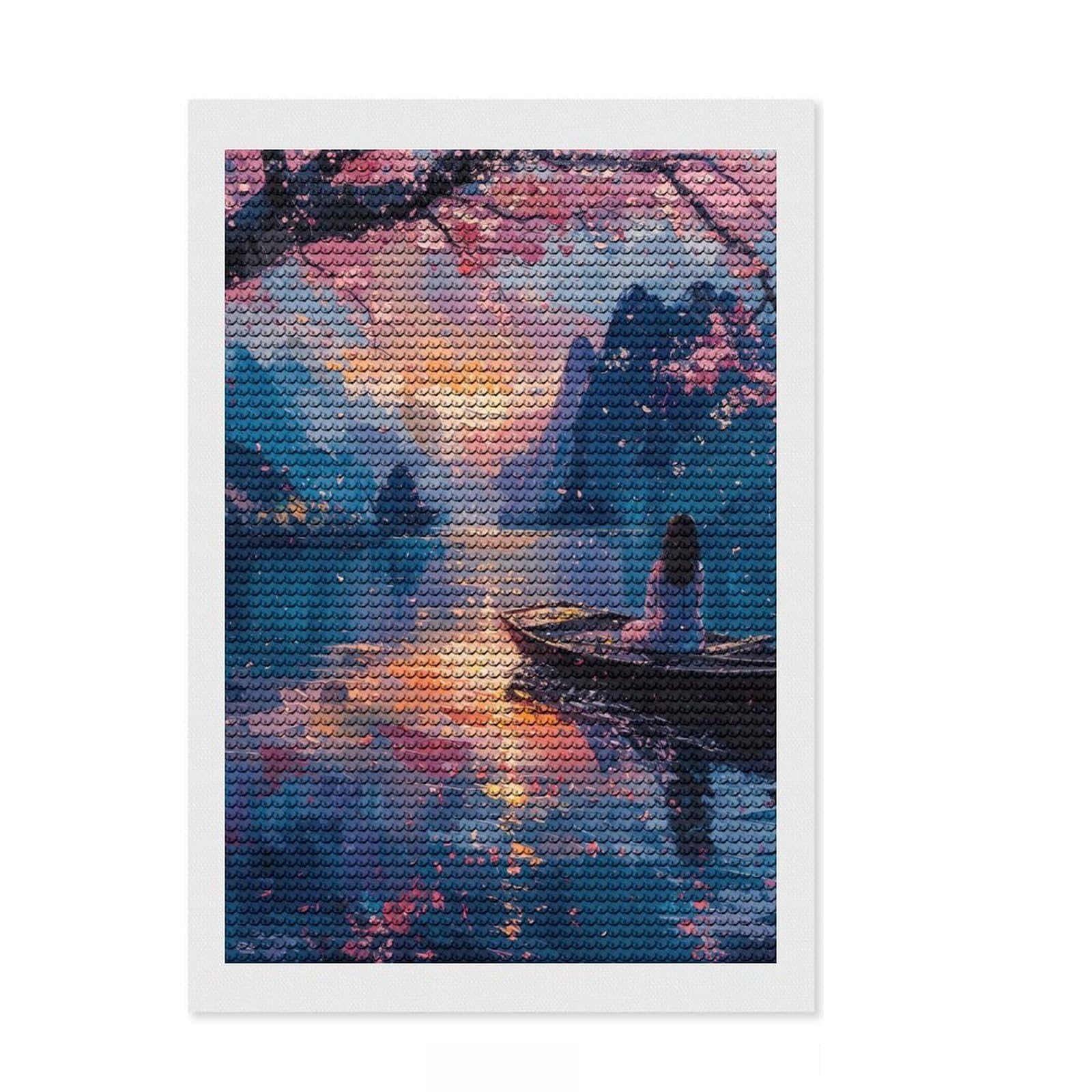 Junmoney Cherry Blossom Lake Diamond Painting Set 8"x12", Creative Leisure Activity, Office Decor, for Craft Lovers, Birthday Gift