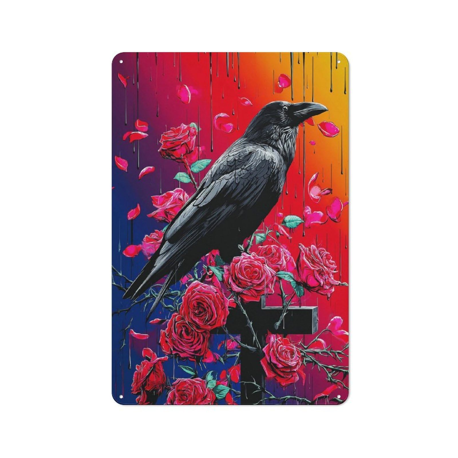 Junmoney Raven Amidst Blooming Roses Retro Metal Gift Sign 30X20cm, Small Space Decor For Bedroom, Kitchen, Office Or Living Room