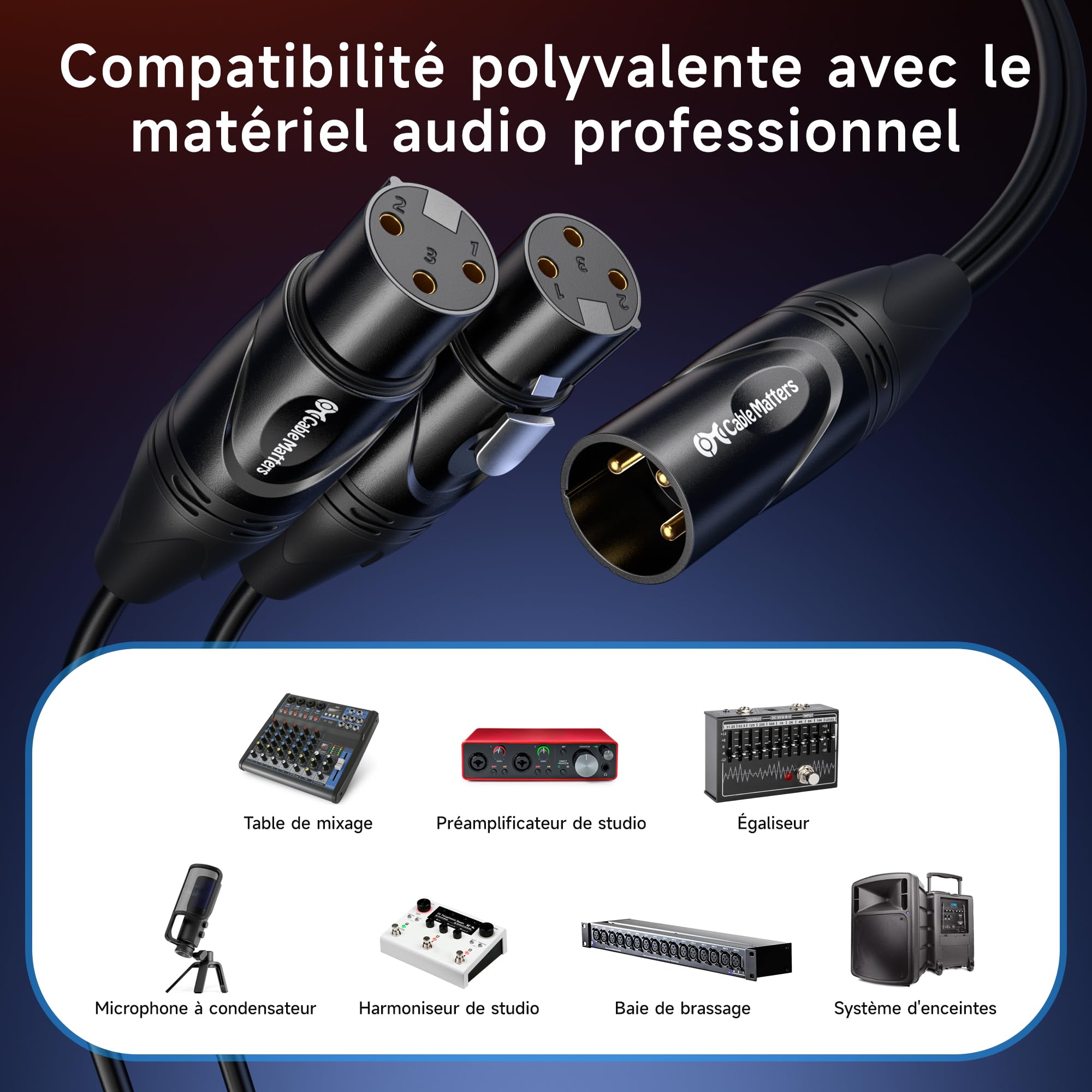 Cable Matters Câble Répartiteur XLR Symétrique, Câble en Y XLR Mâle, 1m | Câble XLR en Y, répartiteur de microphone 1 mâle vers 2 prises femelles, répartiteur de microphone