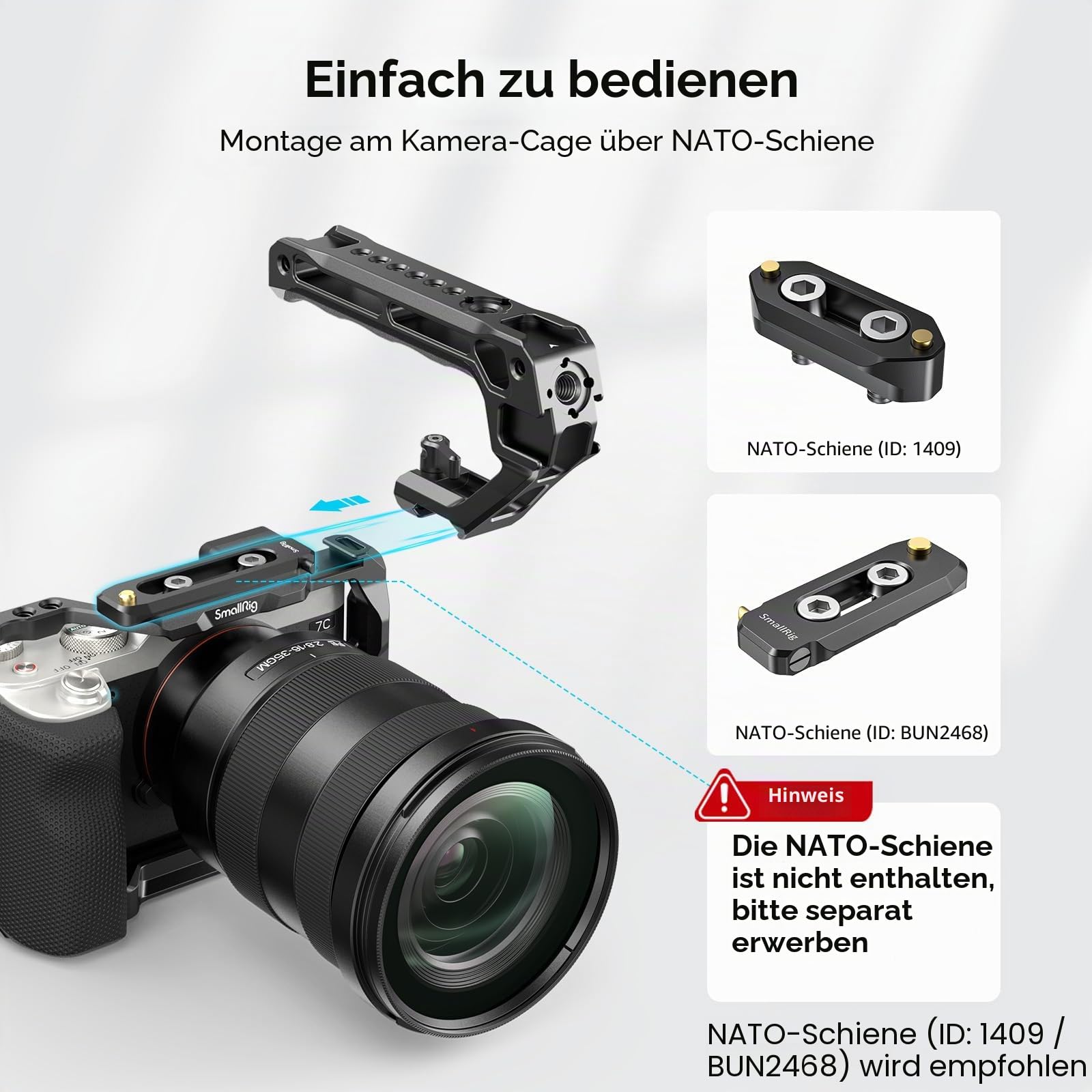 SMALLRIG NATO Top Handle, Griff mit NATO Schnellspanner für Kamerakäfig, universelles Video Rig mit 5 Kaltschuh zur Montage von DSLR Kamera mit Mikrofon, nur 124g (Lite) – 3766