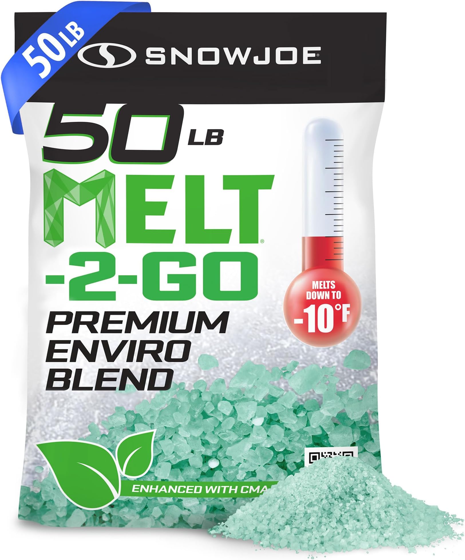 Snow Joe Premium Enviro Blend Ice Melt, Green-Coated Deicer Crystals, 50 lb - Safer Melter for Vegetation, Concrete & Metals w/ Anti-Corrosion Calcium Magnesium Acetate