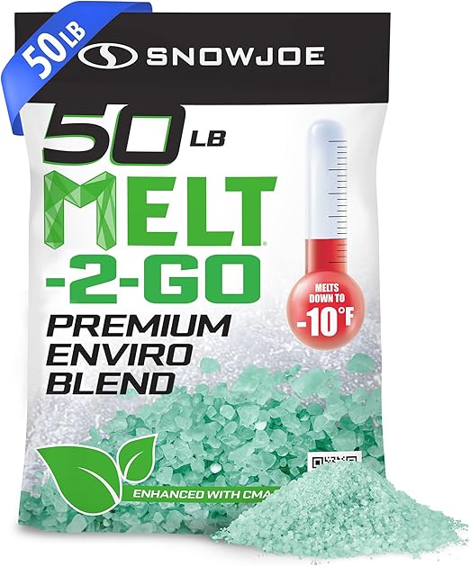 Snow Joe Premium Enviro Blend Snow & Ice Melt, Green-Coated Deicer Crystals, 50 lb - Safer Melter for Vegetation, Concrete & Metals w/ Anti-Corrosion Calcium Magnesium Acetate, AZ-50-EB