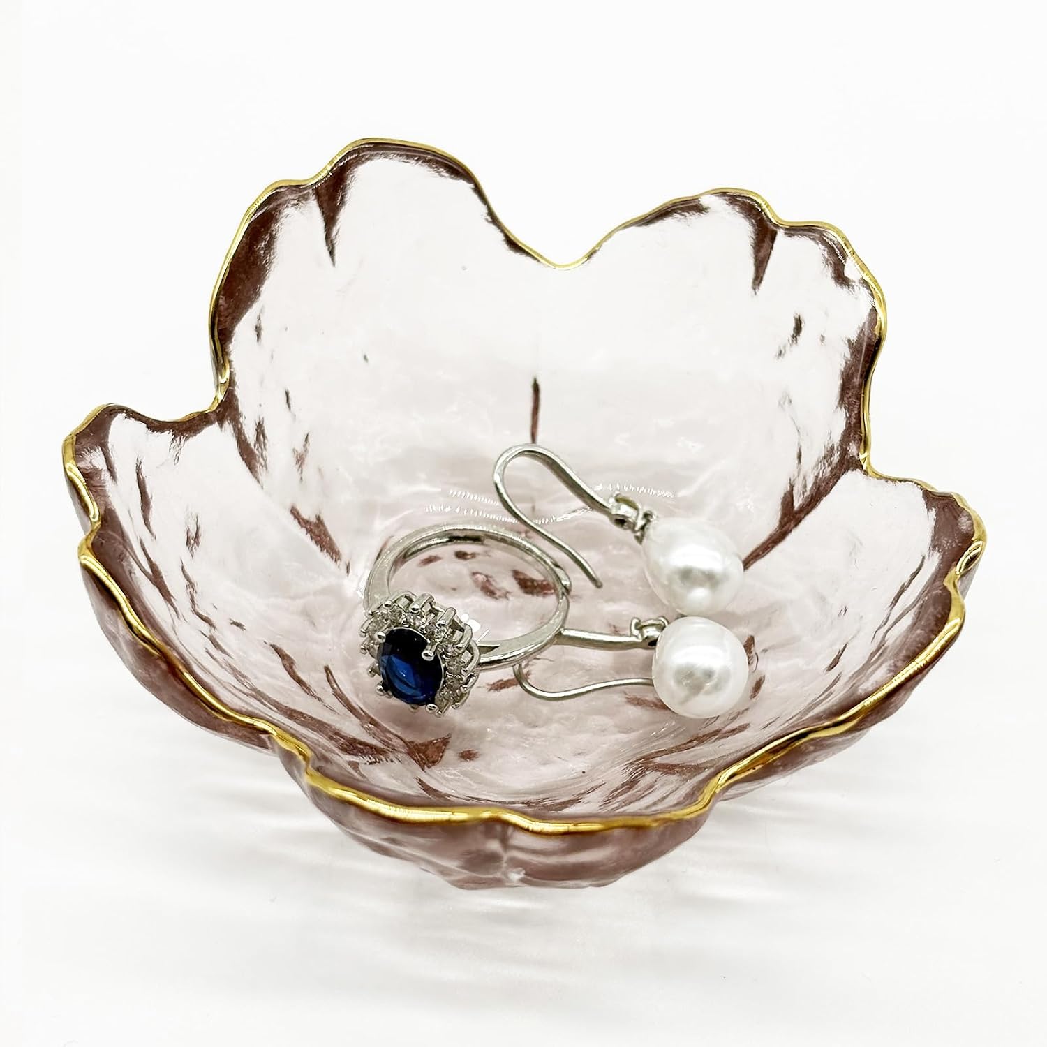 Small Jewelry Dish Tray, Flower Ring Holder, Nightstand Decor Glass Trinket Plate, Crystal Jewlery Bowl for Earrings, Engagement Gifts (Pink)