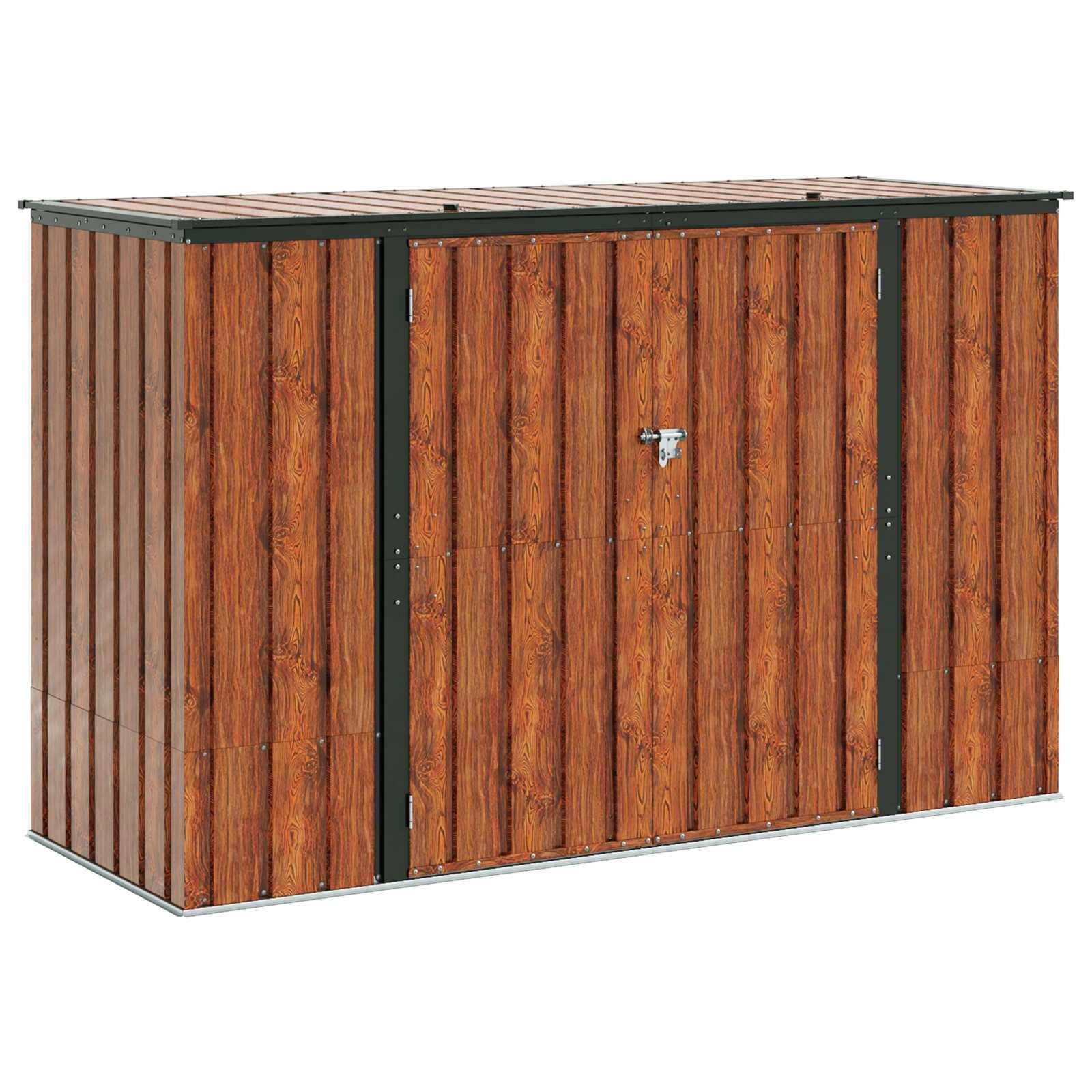 Skrzynka ogrodowa ze stali, 214 x 82 x 132 cm, zamykana, brązowa, pojemna półka na narzędzia i akcesoria zewnętrzne, z bezpiecznym zamknięciem, minimalistyczna