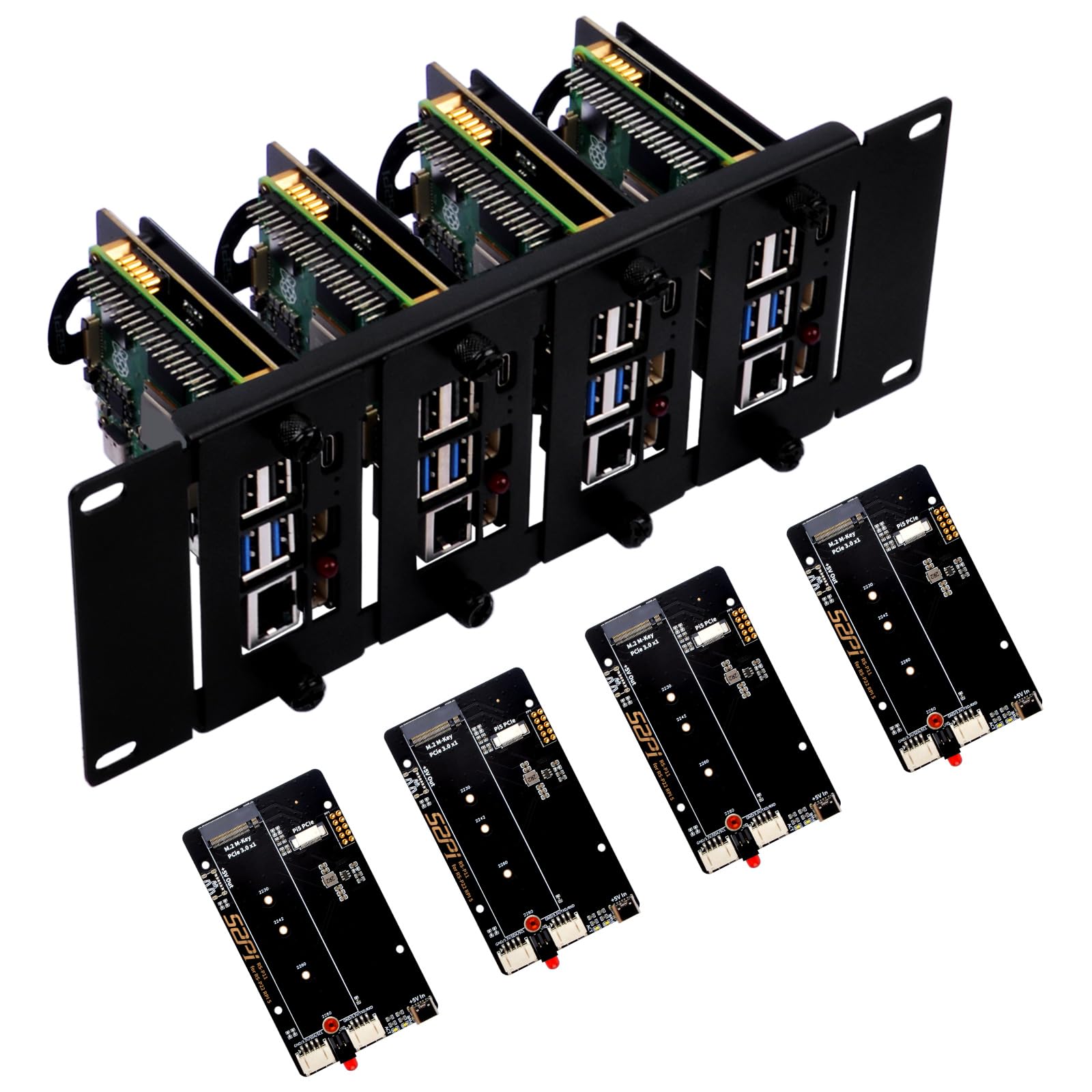 GeeekPi 10 pollici 2U Rackmount for Raspberry Pi 5, with 4PCS PCIe to M.2 NVMe SSD Adapters, Holds up to 4 Raspberry Pi 5 Boards, Compatible with DeskPi RackMate T1/T0/T2/10 inch Server Rack