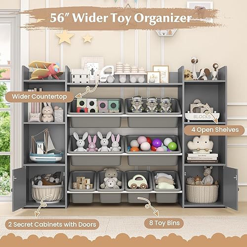 Miniatura 4 de HONEY JOY Organizador de almacenamiento de juguetes para niños, armario de almacenamiento de piso de madera con 8 contenedores extraíbles, estante