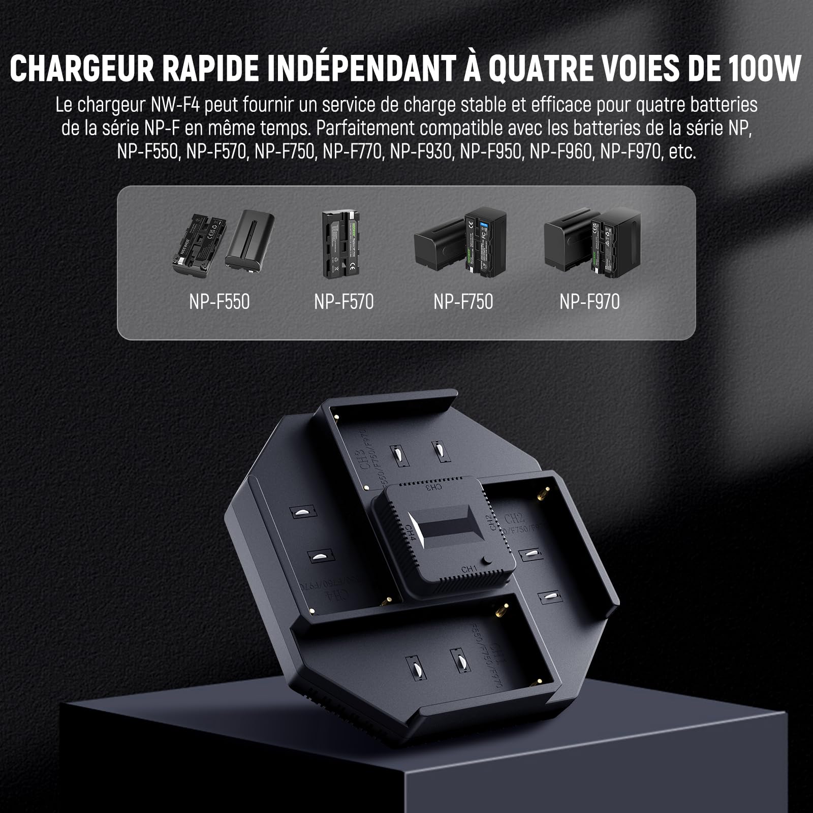 NEEWER NP-F970 Chargeur à 4 Canaux pour NP-F550 NP-F750 Caméscope Caméra Batterie, Chargeur de Batterie NPF à Charge Rapide PD 100W avec Écran OLED &100W Câble de Charge Rapide USB C à USB C, NW-F4