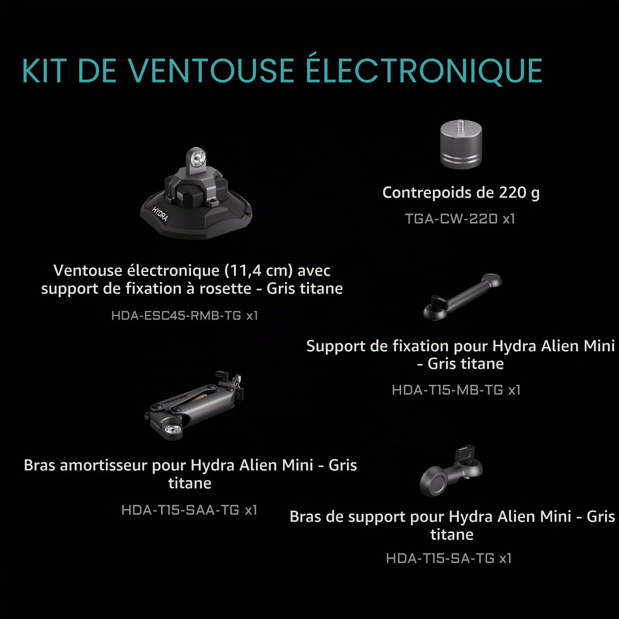 Tilta Hydra Alien Mini kit de Ventouse électronique – Gris Titane | Compatible avec DJI Pocket 3 et Autres caméras d'action/Smartphones | Amortissement hydraulique | Bras réglable