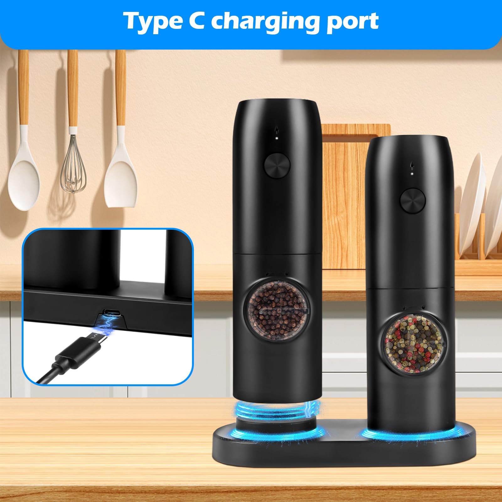 Set 2 Macinasale E Pepe Elettrici Ricaricabili - Con Base E Luce LED, Per Cucina E BBQ - Foto 4