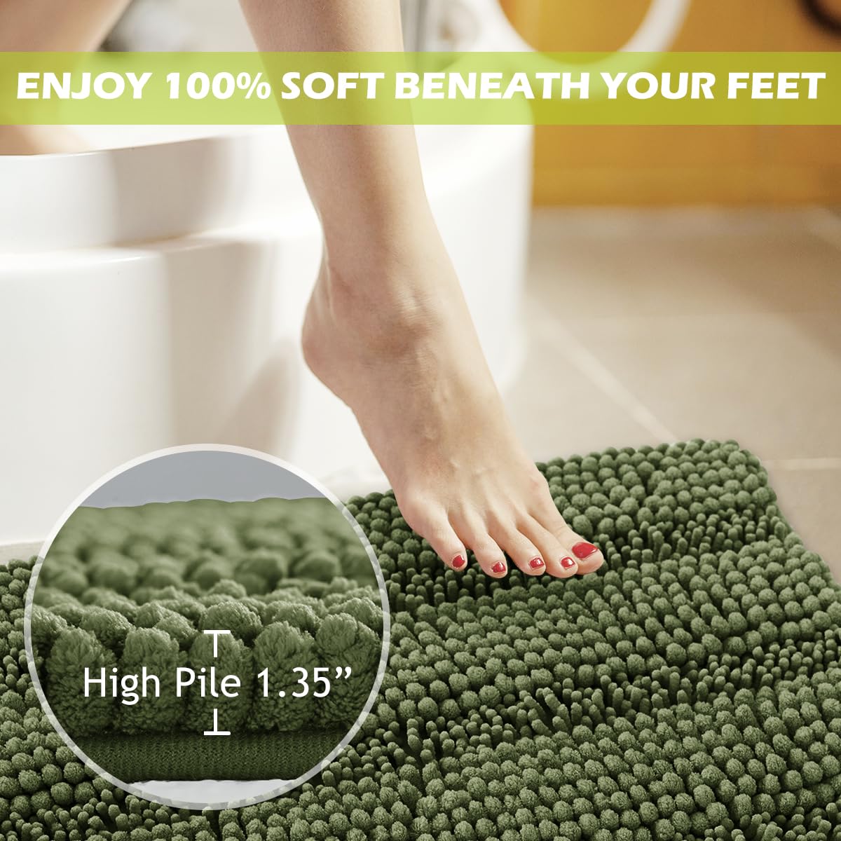 KGORGE Tapis de bain doux et antidérapant pour salle de bain - Confortable à poils longs - En chenille épaisse - Absorbant l'eau - Séchage rapide - Vert sauge - 152,4 x 61 cm