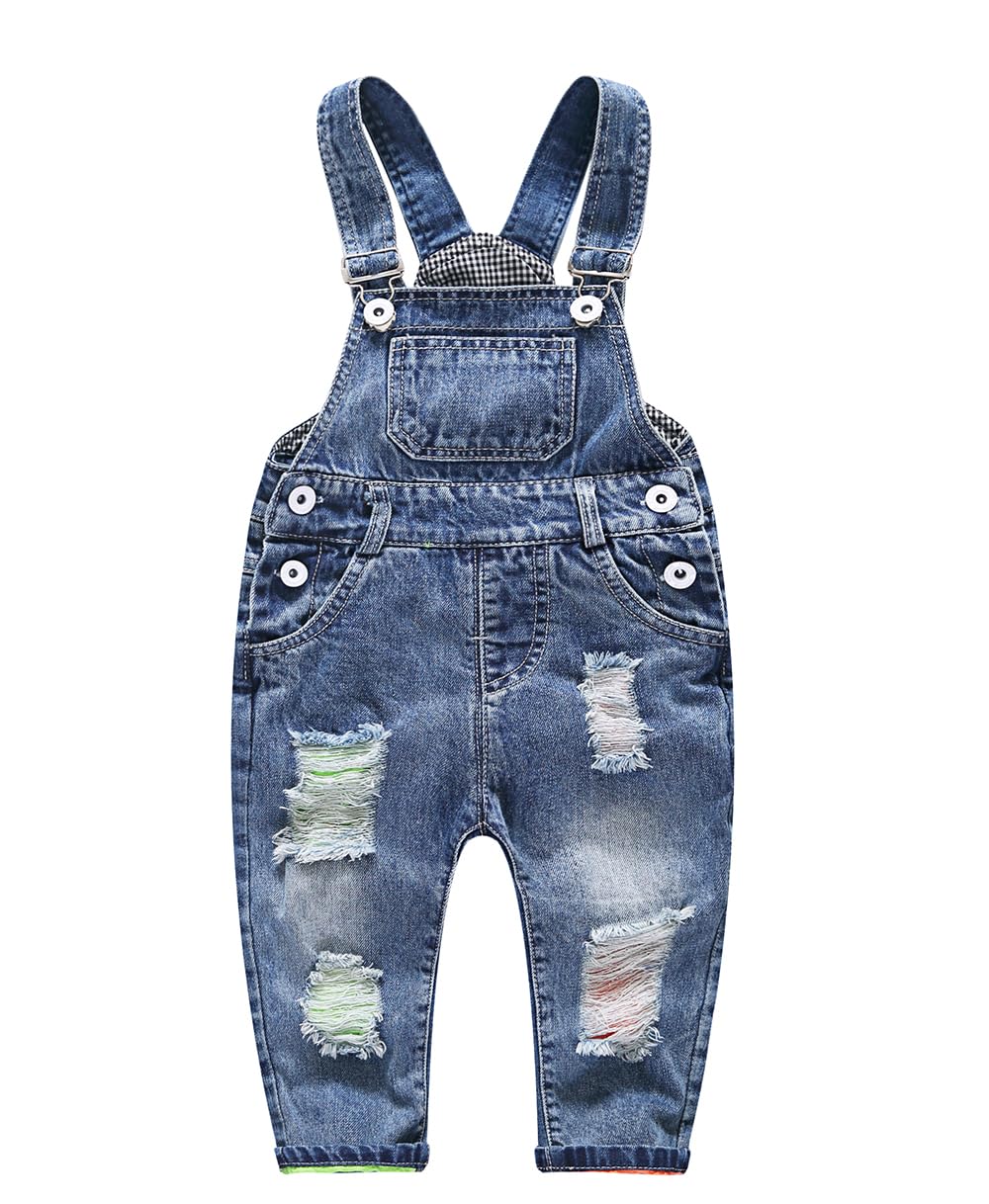 KIDSCOOL Toddler Baby Denim Overalls Ripped Holes Jean Bib Romper Jumpsuit