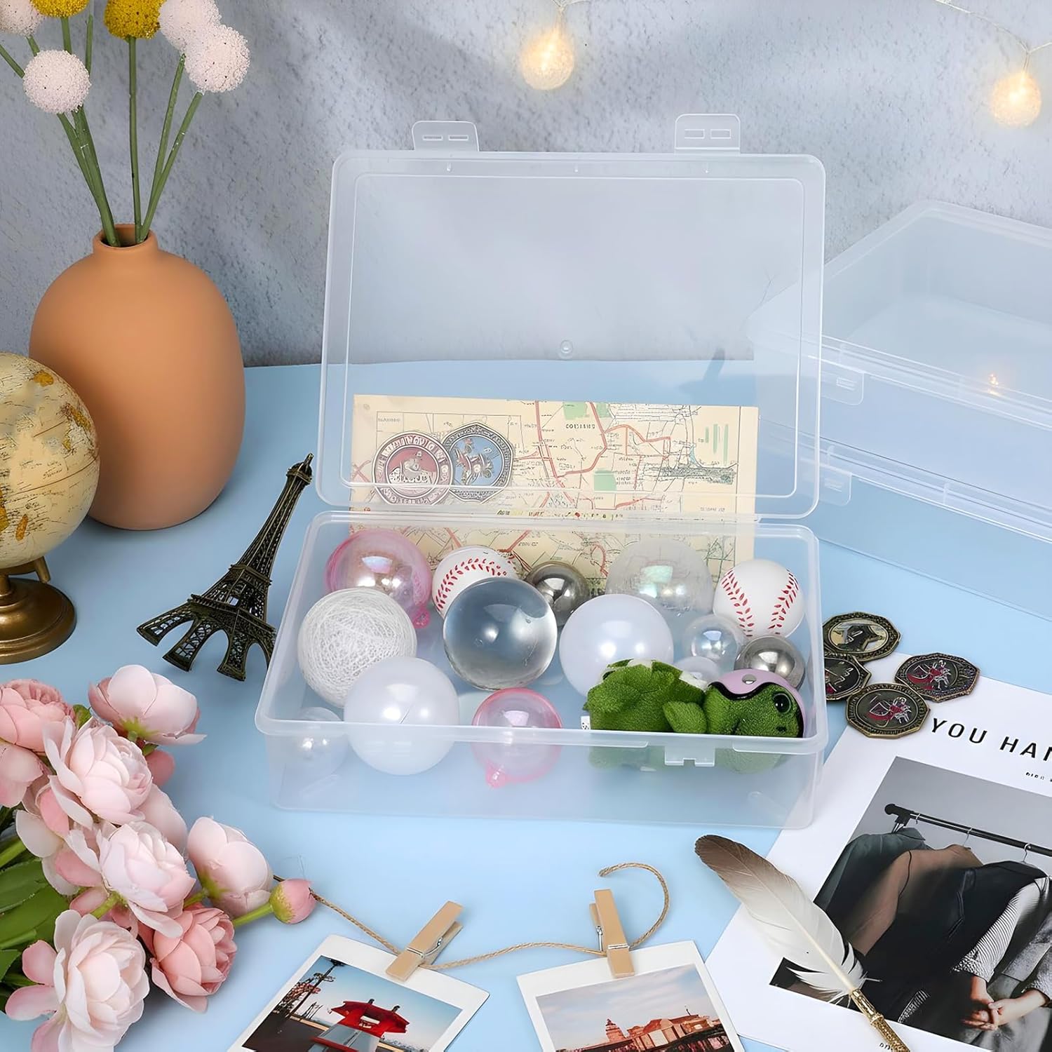 Oqqlin 6 Pcs Plastic Storage Boxes with Lids, 9 x 6.5 x 2 Inch Clear Rectangular Plastic Box Multipurpose Craft Organizers Small Storage Containers for Pencils, Beads, Craft Accessories, Small Items