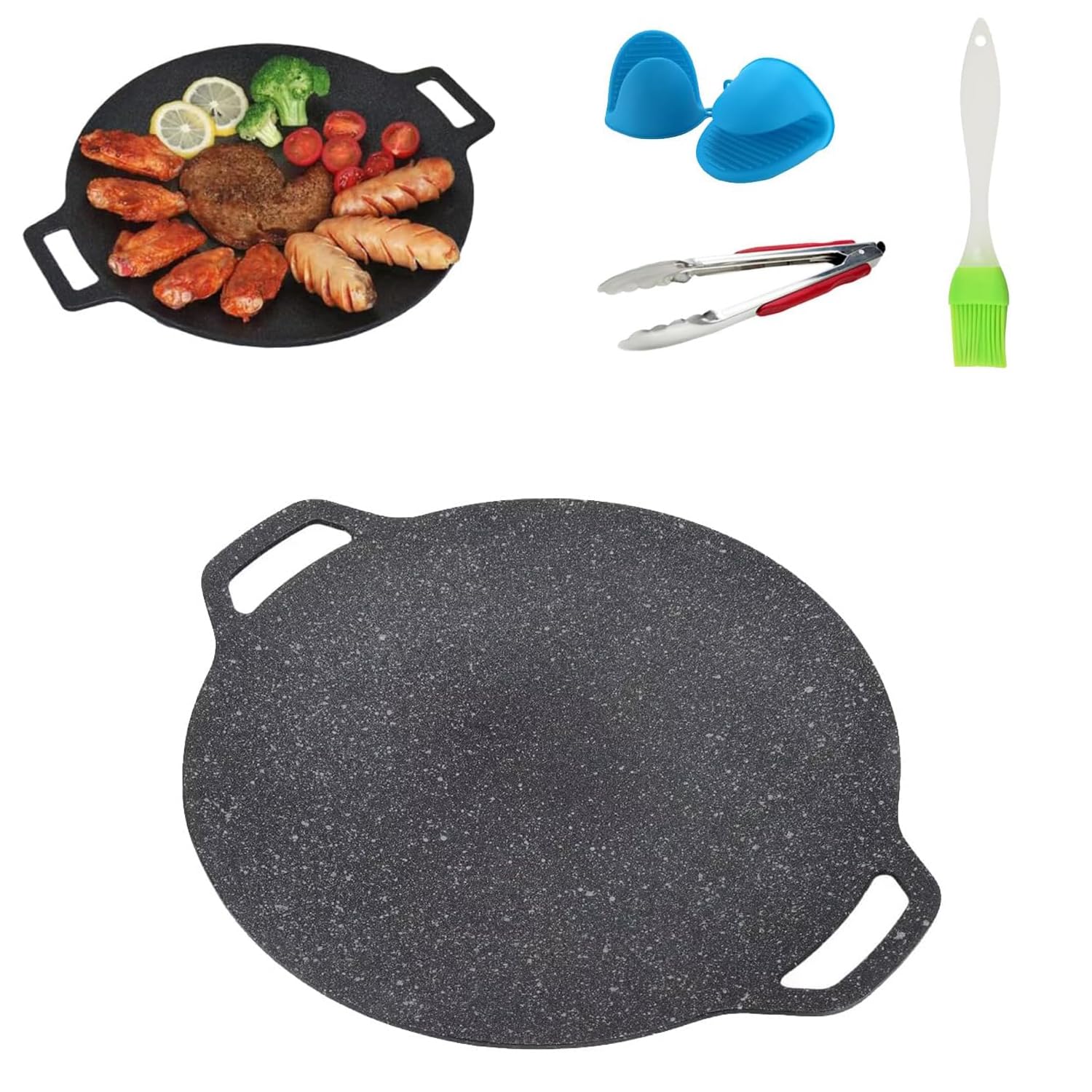 Non-stick Round Baking Pan Korean BBQ Grill Pan 11in with Heat-Resistant Gloves