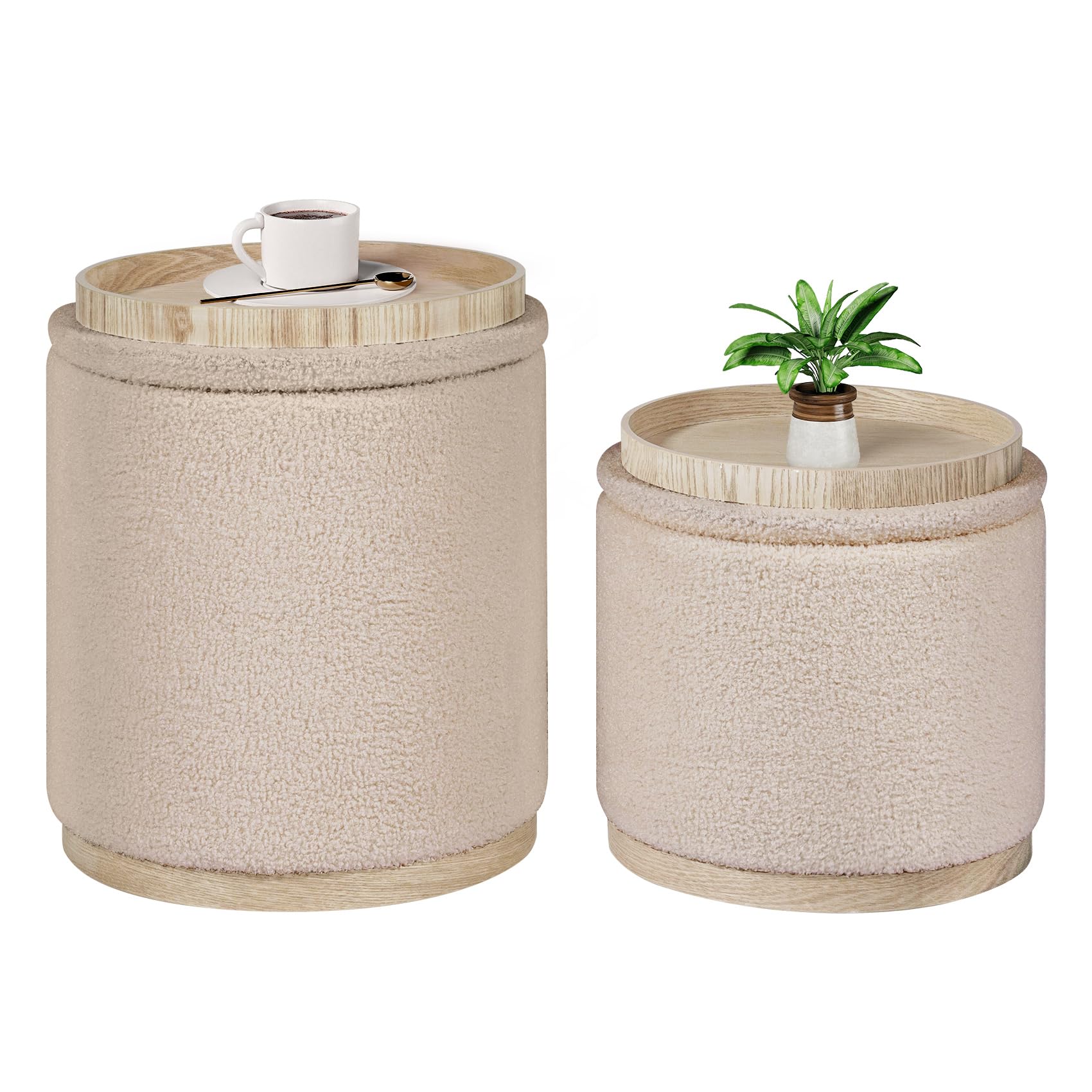 Bonlife Round Beige Ottoman with Storage Set of 2,Makeup Vanity Stool Chair,Ottoman Coffee Table for Living Room,Bedroom,Dining Room,39x39x44cm