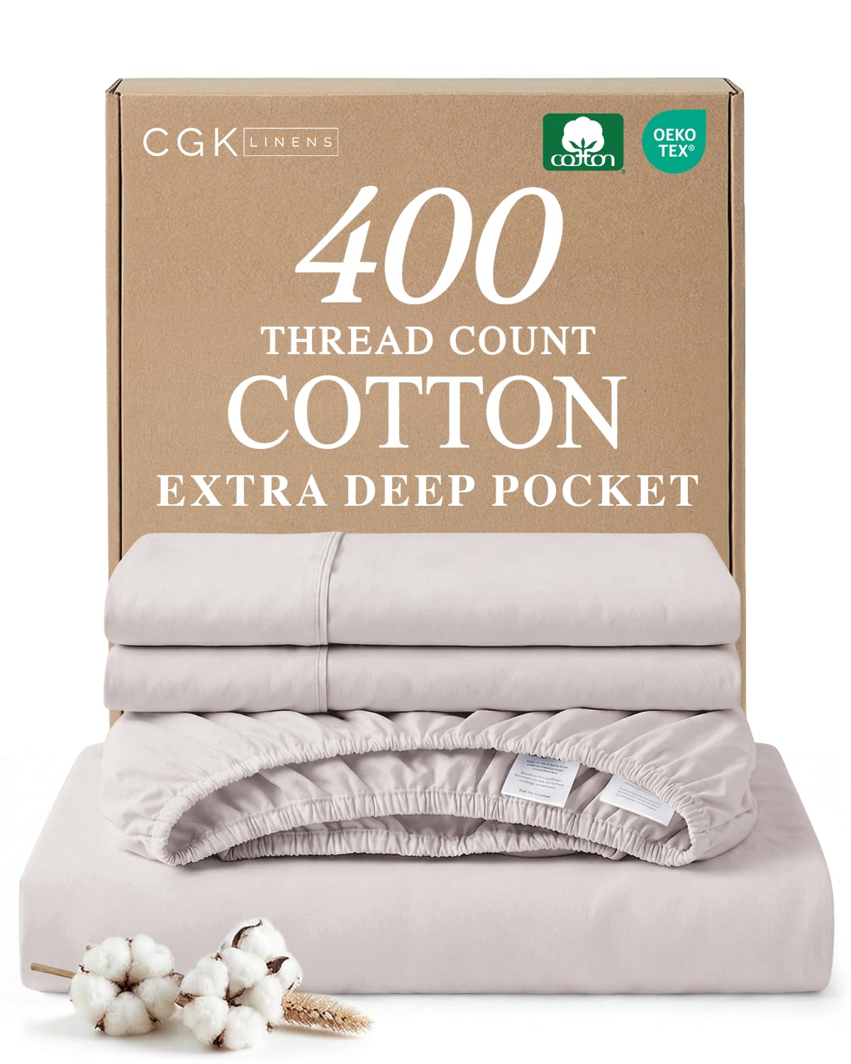 king sheet set - 100% cotton sheets - 4 piece king size cotton bed set with deep pockets up to 16 inches - ultra soft, breathable & cooling - fade and stain resistant - machine washable - light grey