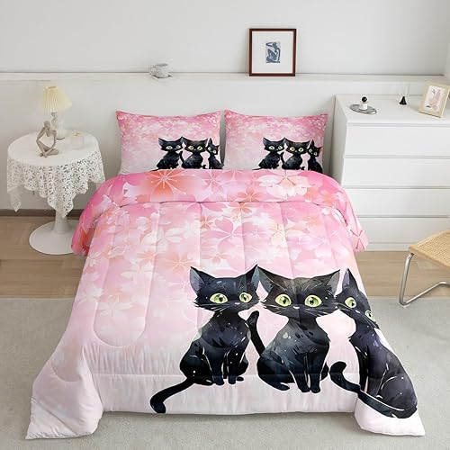 Castle Fairy Juego de Edredón de Gatos Adorables Estilo Japonés Kawaii de Dibujos Animados Flores de Cerezo con 2 Fundas de Almohada Flores Rayas