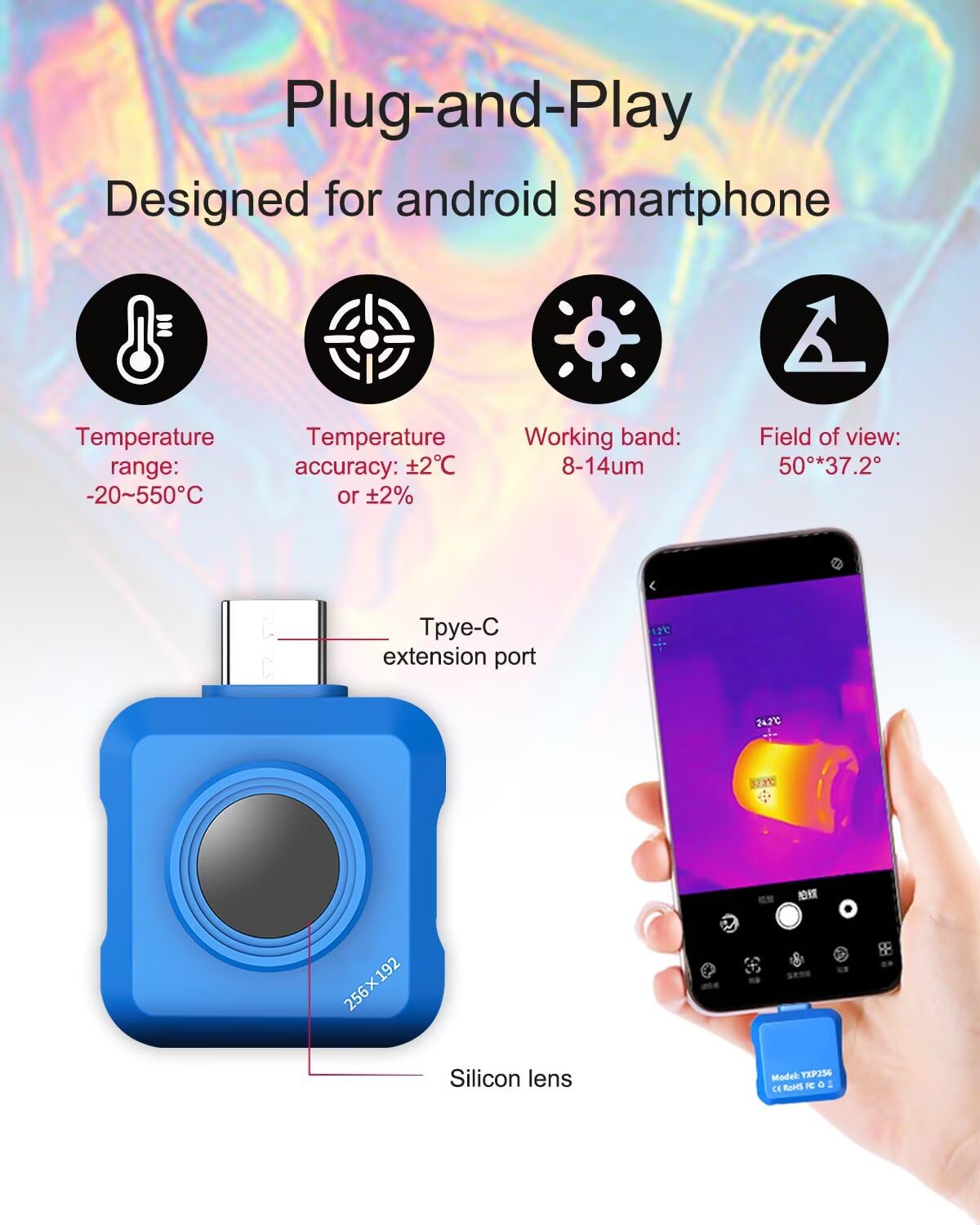 Kamera termowizyjna z systemem Android, rozdzielczość 256 x 192 na podczerwień, częstotliwość klatek na sekundę 25 Hz, kamera termiczna, nadaje się do rozwiązywania problemów, kontroli PCB