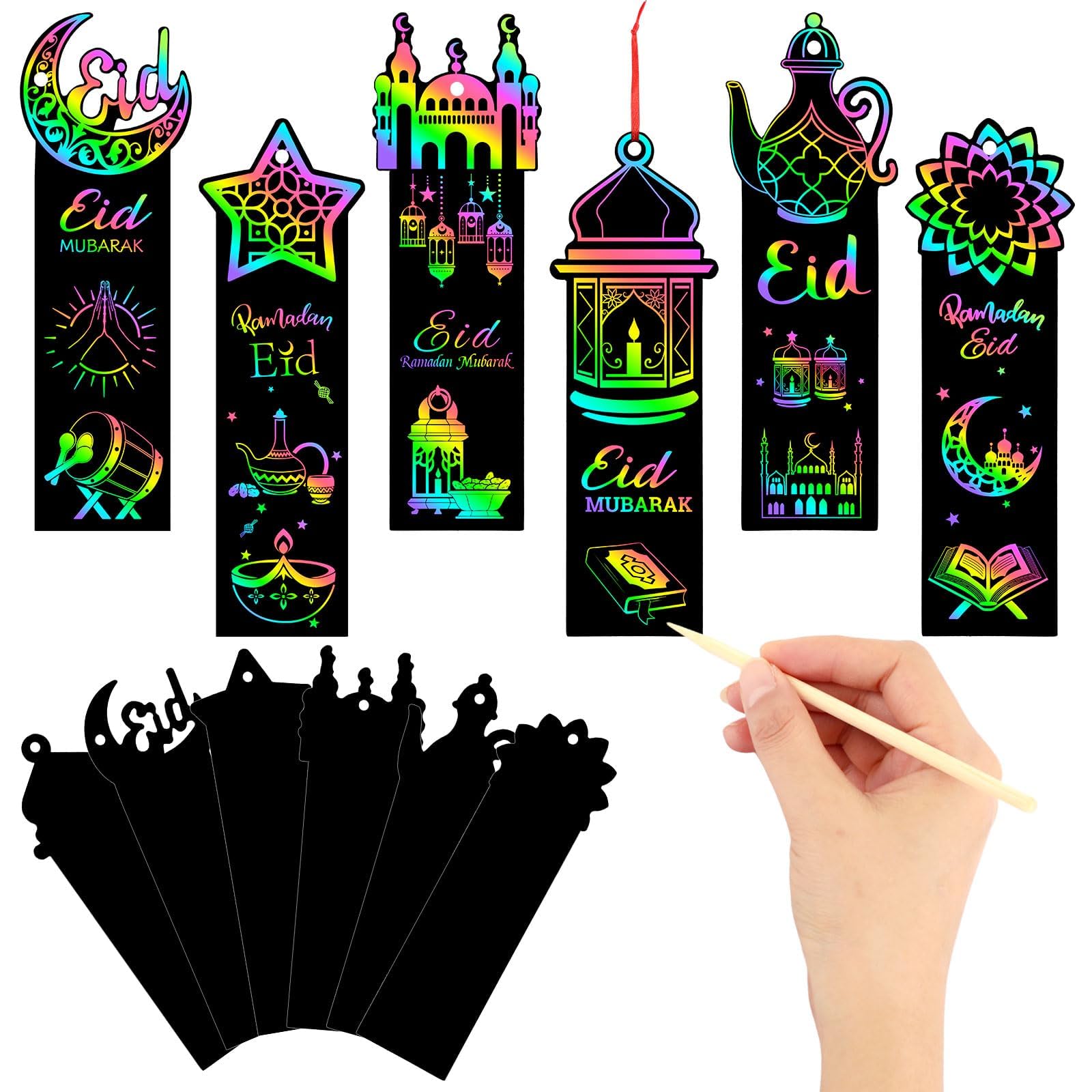 JUNEBRUSHS 30Pcs Ramadan Crafts, Rainbow Magic Ramadan Scratch Bookmarks for amadan Gifts Eid School Classroom Activities Ramadan Arts and Crafts Eid Party Favors