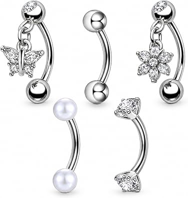 5 Pcs Silver Belly Bars, Belly Button Bars for Eyebrow, Lip & Navel