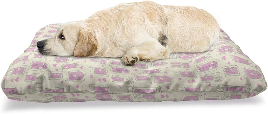 Review Lunarable Valentines Day Pet Bed, Continuous Romantic Home Pattern with Hearts Motifs Love Concept, Chew Resistant Pad for Dogs and Cats Cushion with Removable Cover, 24″ x 39″, Eggshell Pale Pink