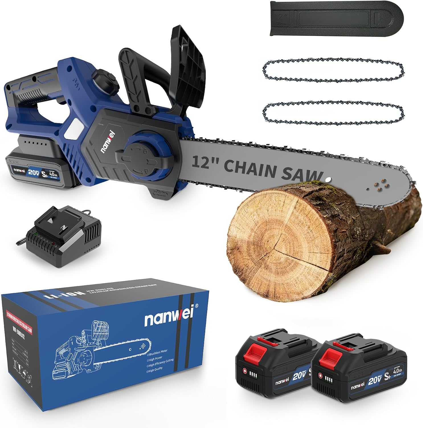 NANWEI 12 Inch Brushless Electric Chainsaw Cordless With 2x4.0Ah 20V Batteries and 2 Chains,Battery Powered Chainsaw For Wood,Tree Cutting (With Batteries)