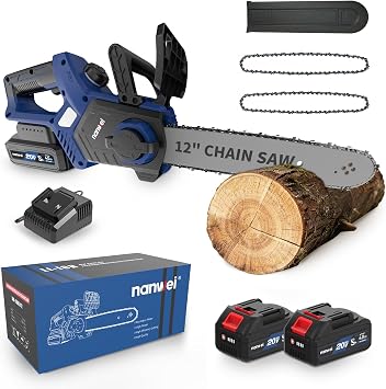 NANWEI Battery Chainsaw 12 inch, Brushless Motor, 2 x4.0Ah Batteries and Charger, Auto Oiling, Tool-Less Adjustment, Battery Powered Chainsaw For Wood,Tree Cutting With Batteries