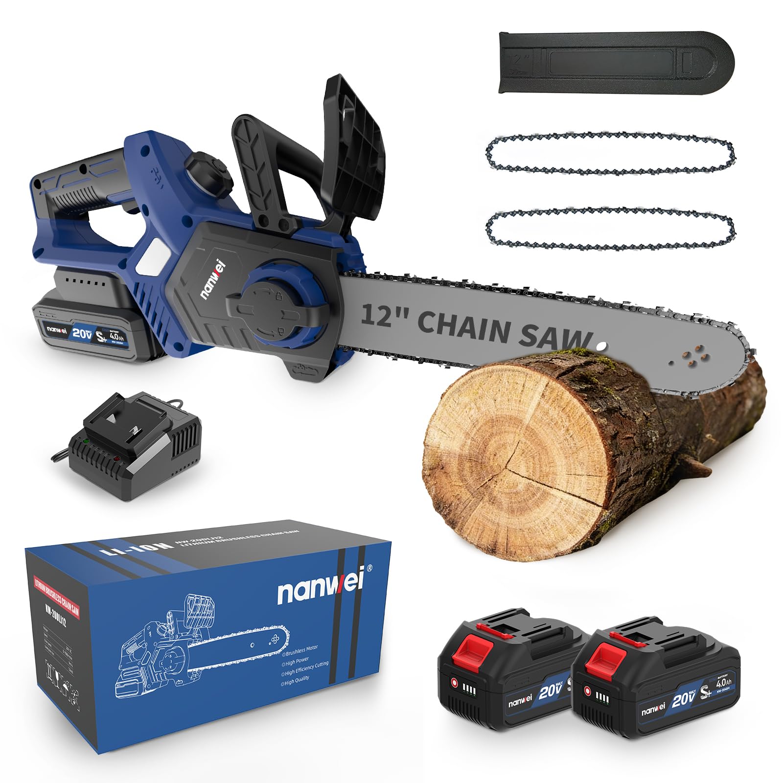 NANWEI Battery Chainsaw 12 inch, Brushless Motor, 2 x4.0Ah Batteries and Charger, Auto Oiling, Tool-Less Adjustment, Battery Powered Chainsaw For Wood,Tree Cutting (With Batteries)