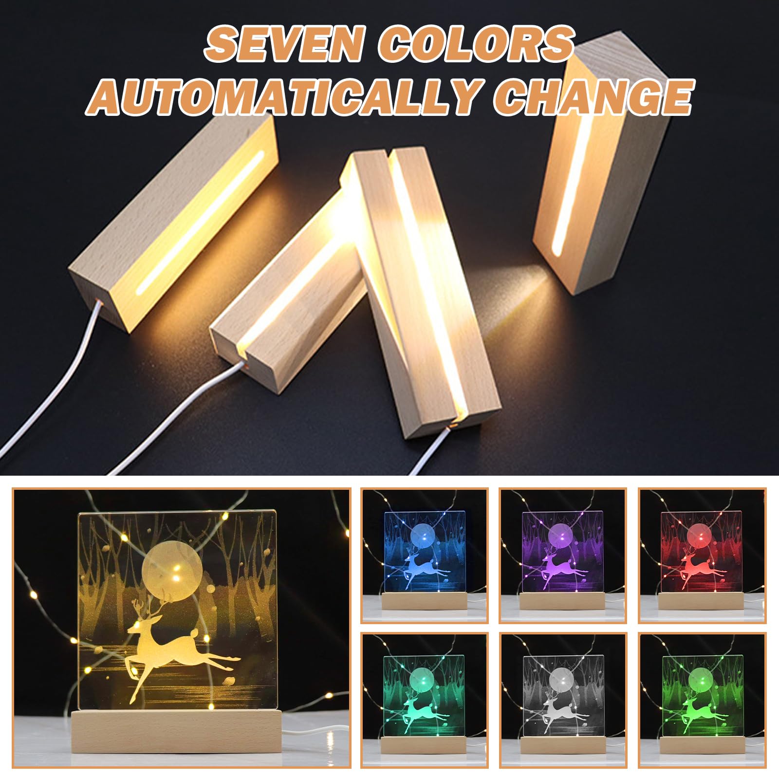 Sporgo 4 Stück LED Sockel: Led Lichtsockel 7 Farben Holzsockel, LED Lichter Display Basis USB Leuchten Sockel mit Schalter, Rechteckige Beleuchteter Holzsockel für DIY Acrylplatten -Farbe Einstellbar