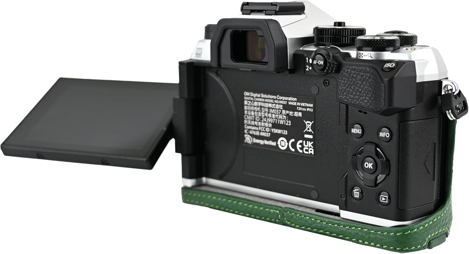 OM-5 Mark II Case, Litchi Handmade Genuine Real Leather Half Camera Case Bag Cover for Olympus System OM-5 Mark II Bottom Opening Version + Neck Strap (Green)