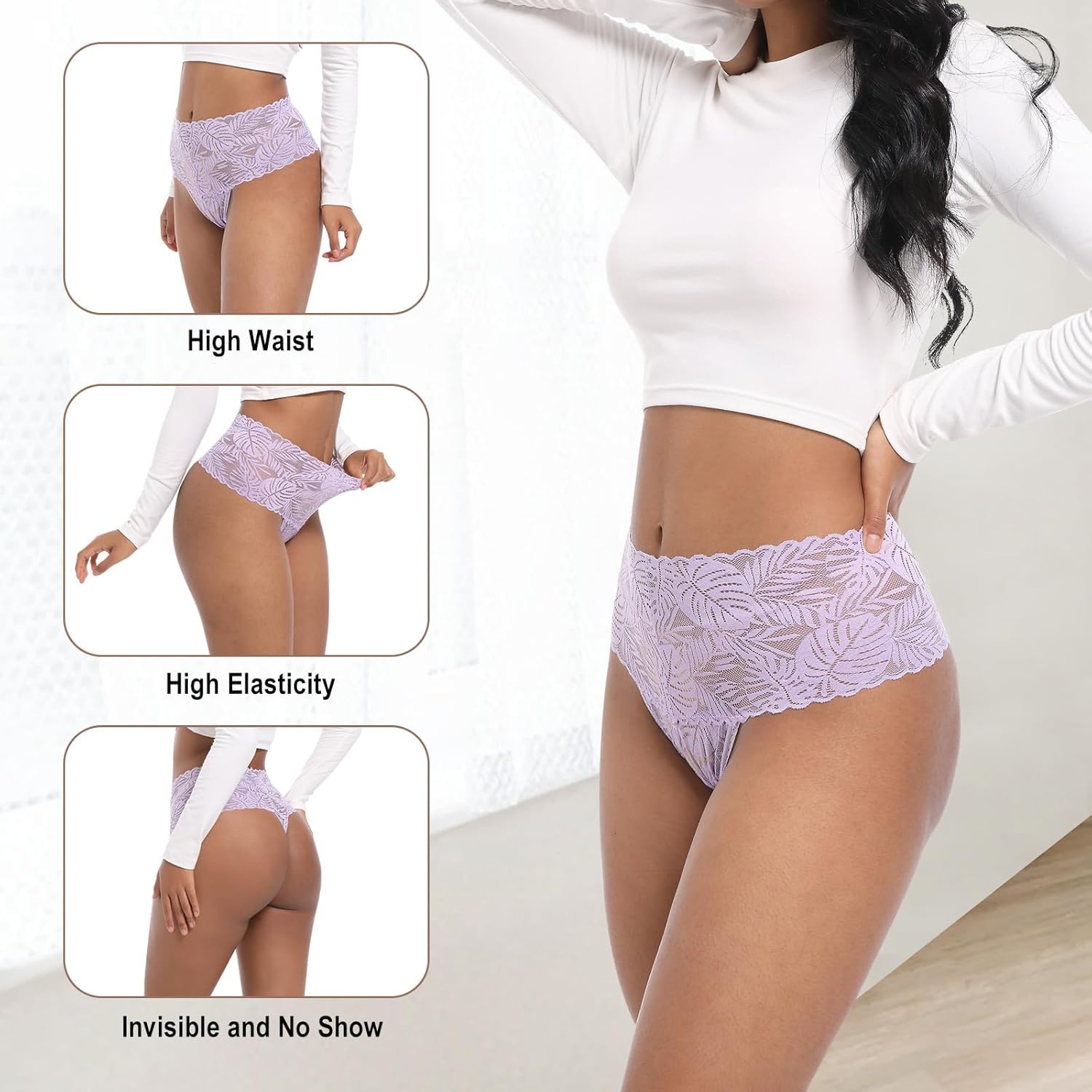 High Waisted Leaf Thick Waistband Lace Cotton Breathable Thongs Plus Size Pack 5 Size Small to 4X-Large - Image 2