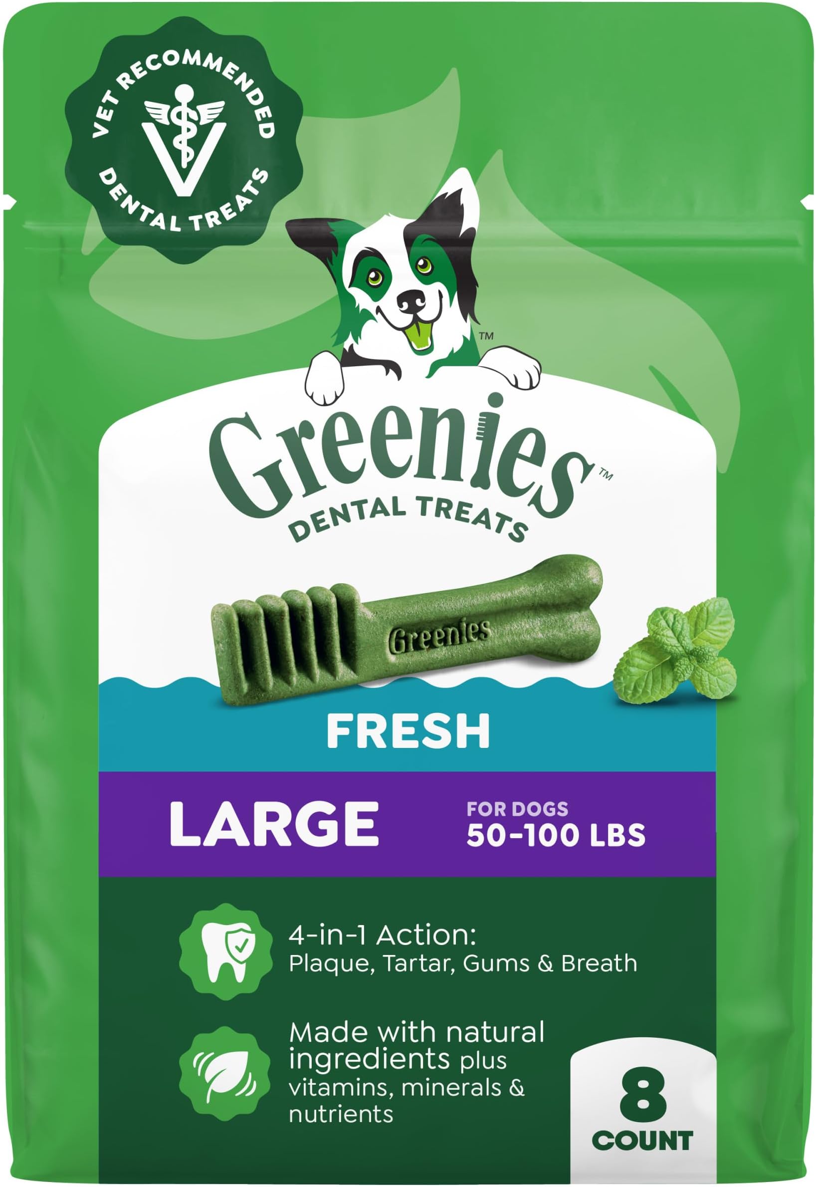 - Large Natural Dental Dog Treats, Fresh Mint Flavor, 8 Count