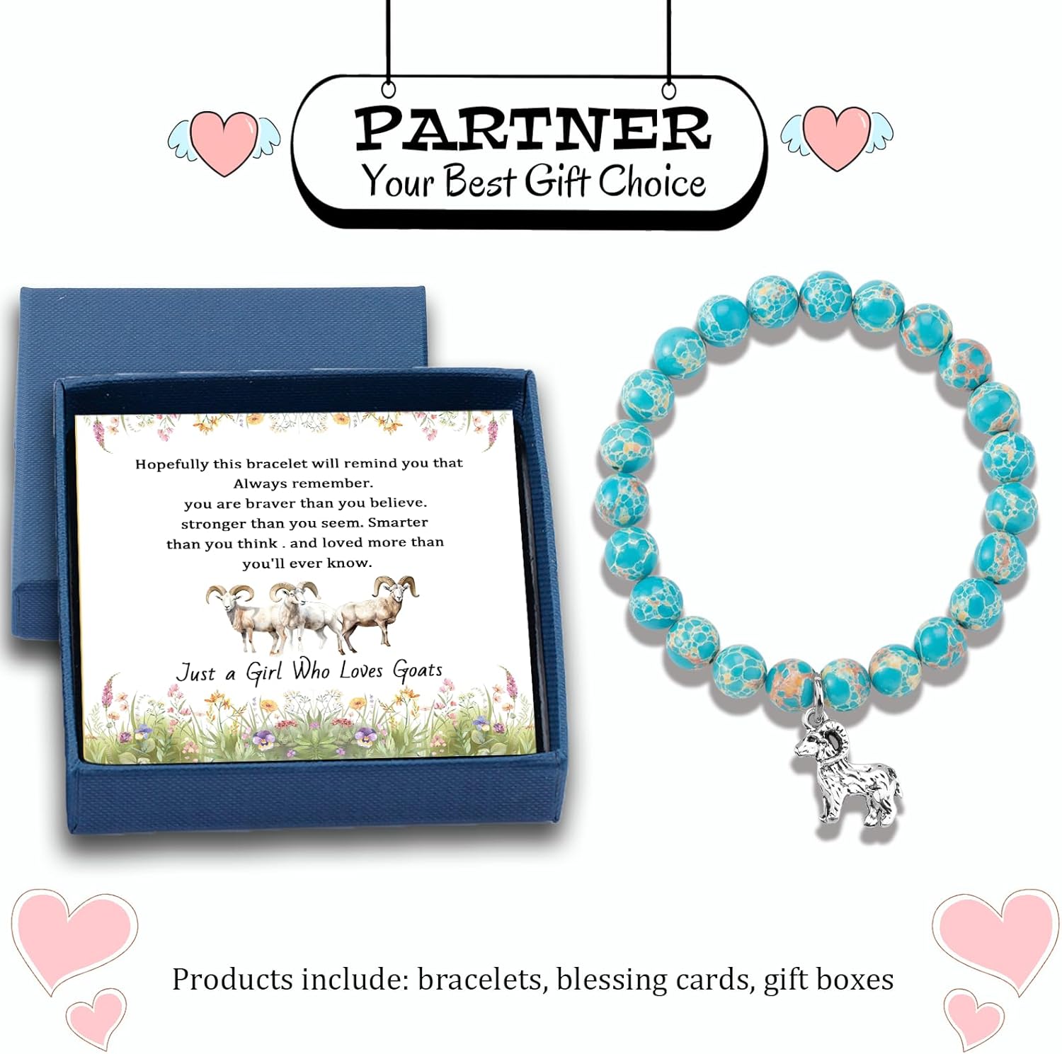 PARTNER Goat Inspirational Birthday Gifts for Women Unique Gifts Natural Stone Beaded Bracelets for Women Agate Beaded Jewelry with Meaningful Message Card For Goat Lover,Comes Packaged (A2) - Image 5