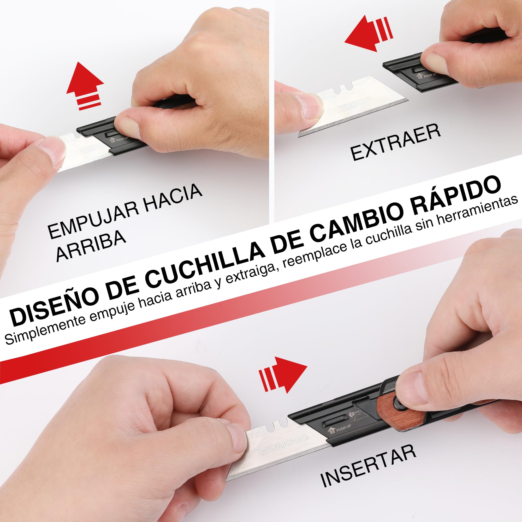 WORKPRO Cuchillo Plegable y Navaja 2 en 1, Cuter Utilitario de Aluminio, Navaja con Mango de Madera y Clip para Cinturón, Cambio Rápido, con 10 Cuchillas SK5 Extra