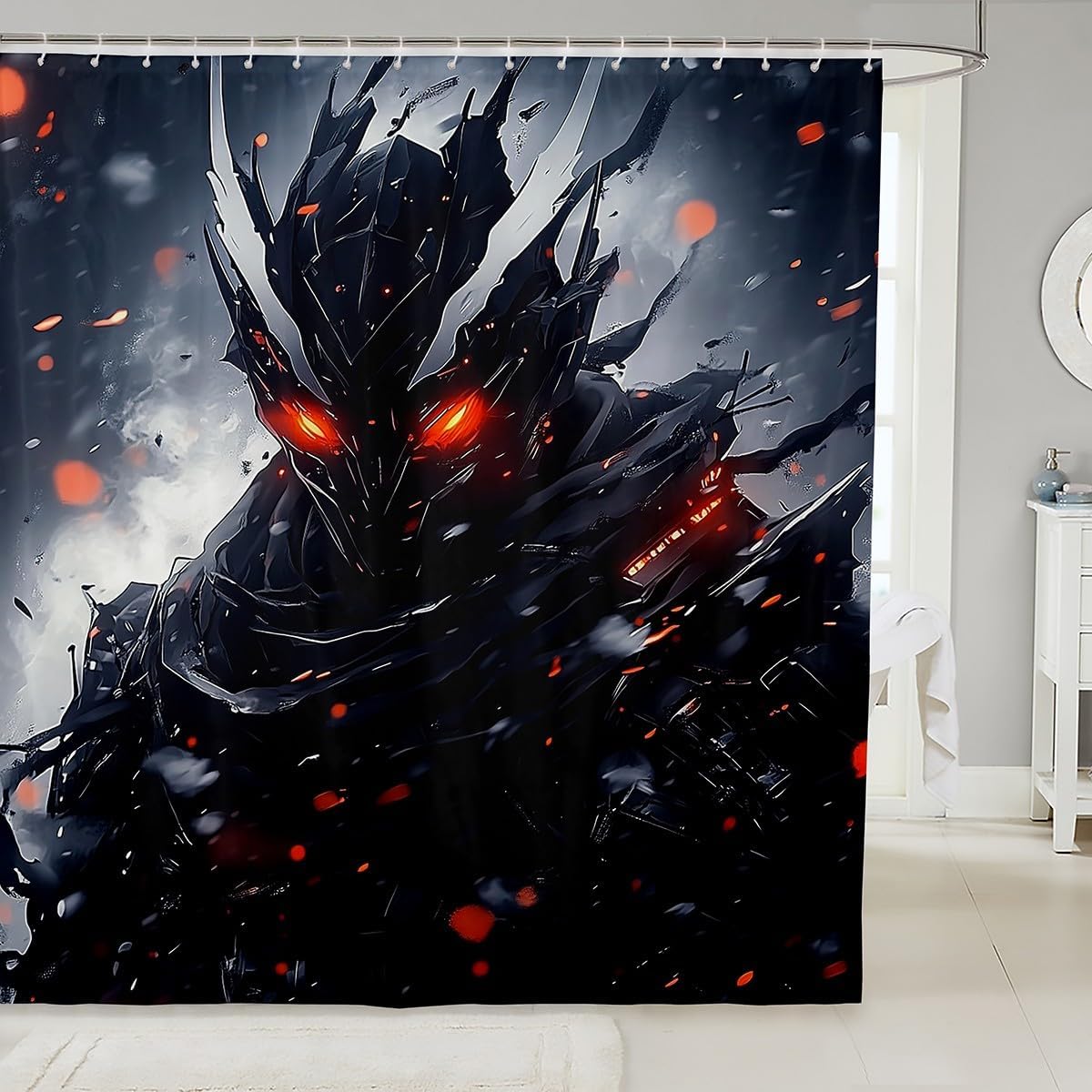 Erosebridal 3D Samurai Waterproof Bathroom Curtain for Boys Men Japanese Style Bath Curtain, Black and Grey Shower Curtain Anime Theme Bathroom Curtains, Gray Ombre Tie Dye Watercolor Shower Set