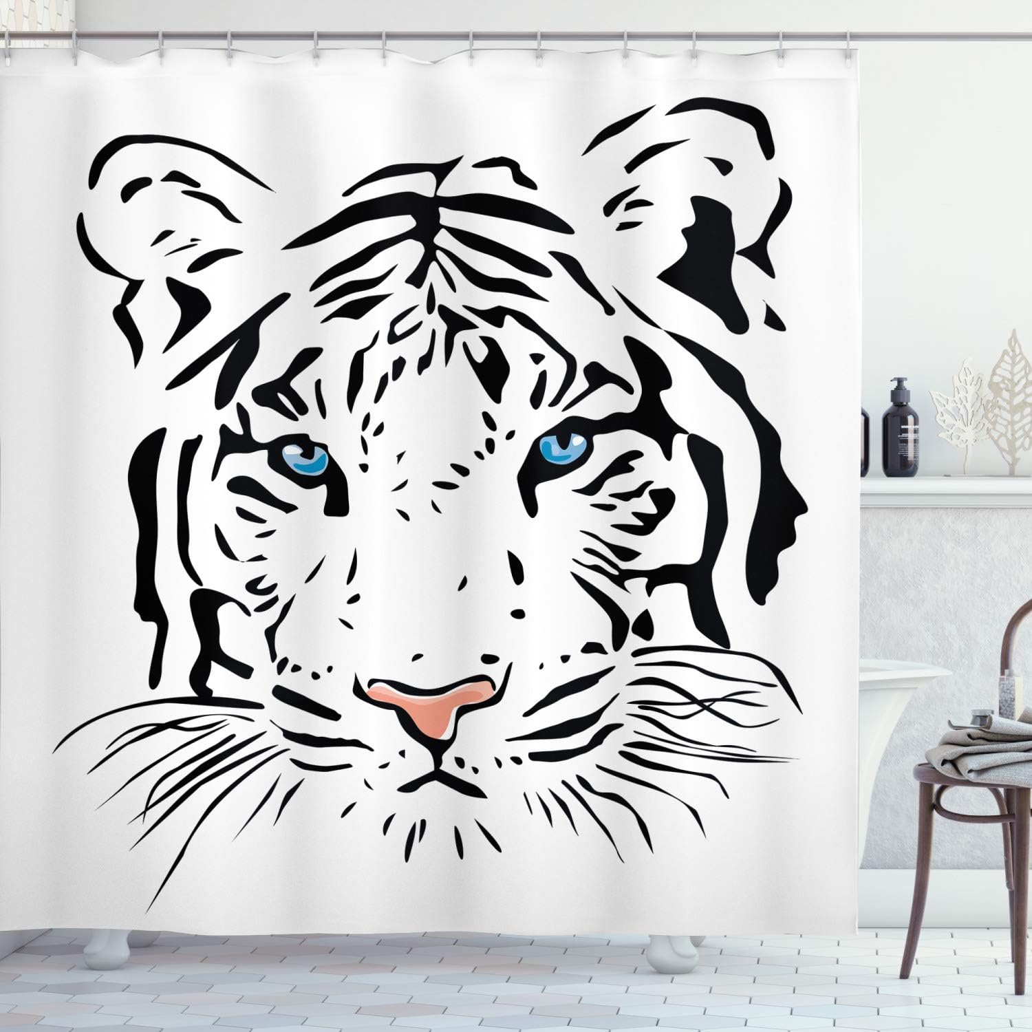 Ambesonne Tattoo Shower Curtain, Head of Magnificent Rare White Albino Tiger with Ocean Blue Eyes Image, Cloth Fabric Bathroom Decor Set with Hooks, 69" W x 70" L, White Black and Blue
