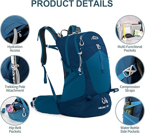 Miniatura 3 de IX INOXTO Mochila de senderismo, mochila de senderismo impermeable con bolsa de agua de 3 litros y cubierta para lluvia, mochila ligera de viaje