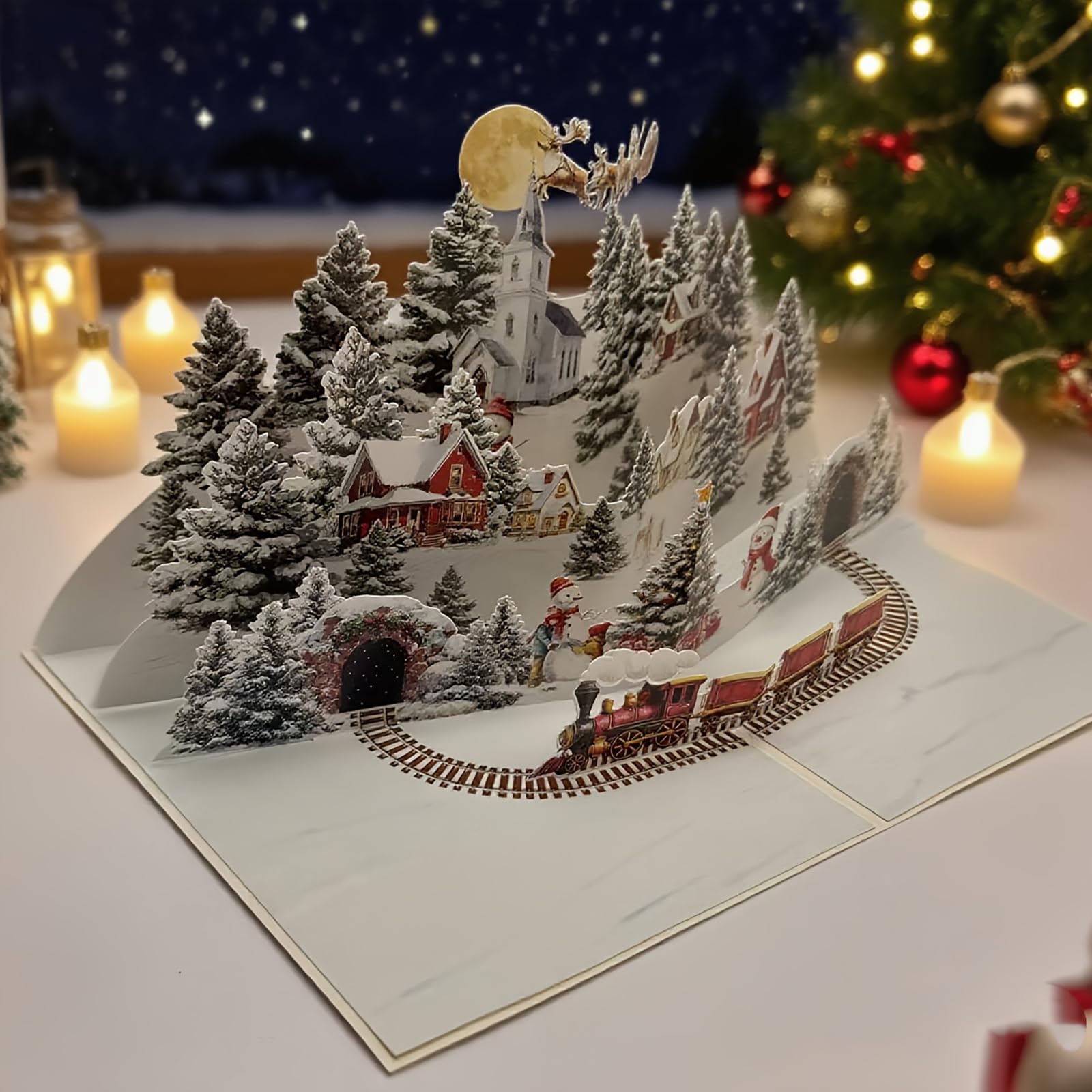 3D Carte de Noël Pop-Up avec Père Noël et Rennes, Enveloppe Incluse