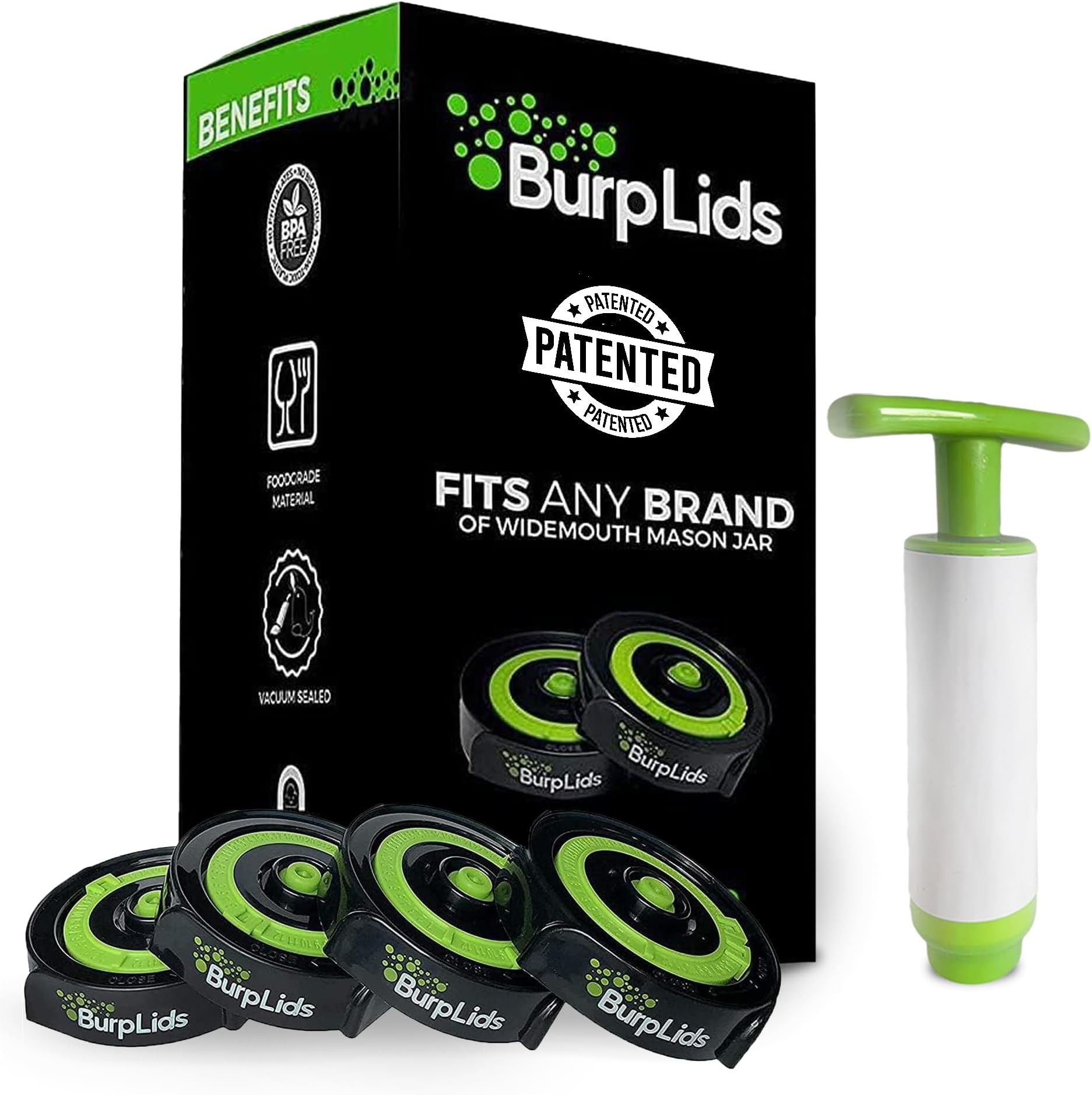 Wide Mouth Mason Jar Lids for Curing, Harvesting, Fermenting, Canning. Vacuum Sealed Patented Tech that Includes 4 Lids with Extraction Pump By Burp Lids