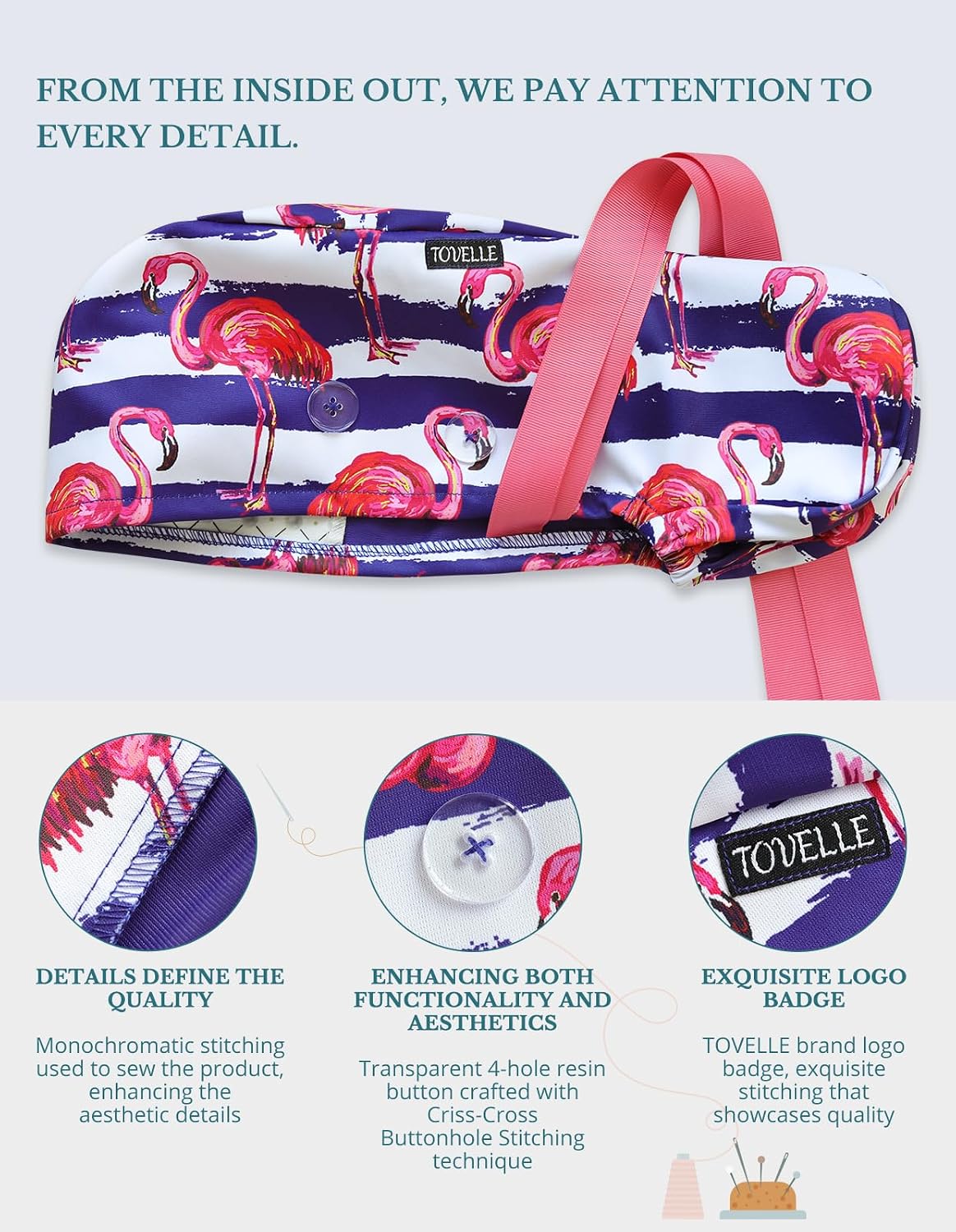 Scrub Caps Women Ponytail – Pink Flamingo Double-Sided Printed Surgical Hat with Buttons and Sweatband, Soft Nurse Cap for Long Hair, Helps Reduce Static Buildup