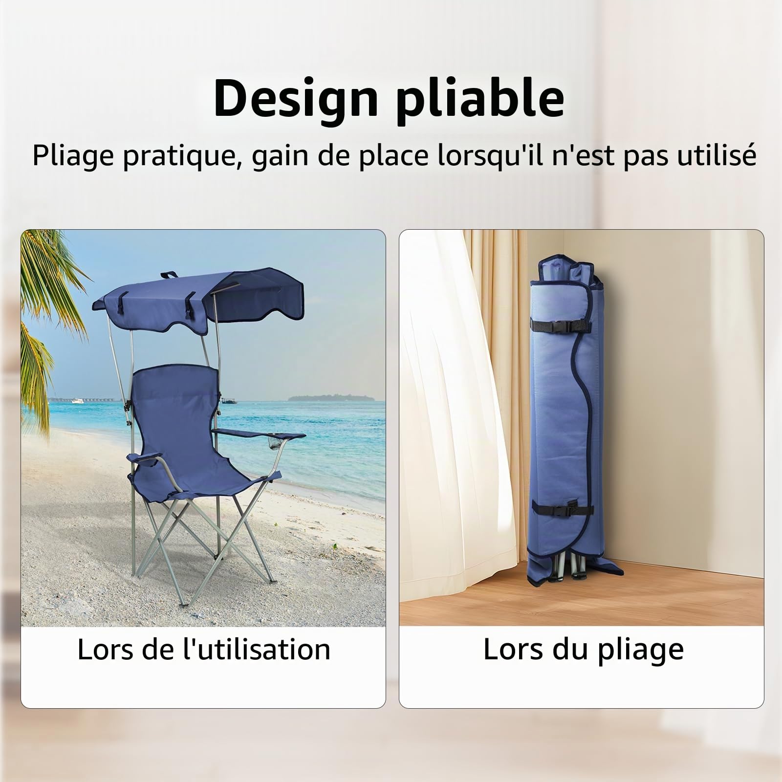 Chaise de Camping Pliante, Fauteuil Camping Extérieur avec Auvent, Porte-gobelets et Sac de Transport, Idéal pour Plage, Pêche, Barbecue, Pique-nique, Charge 120 KG-50*50*90/120CM-bleu marine-1