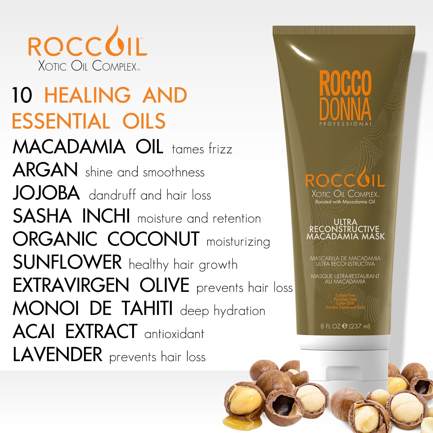 Rocco Donna Ultra Reconstructive Macadamia Mask, Intense Hair Repair, Restructures and Fortifies, Adds Elasticity and Shine, Macadamia Oil and Roccoil Xotic Oil Complex, All Hair Types, 8 oz
