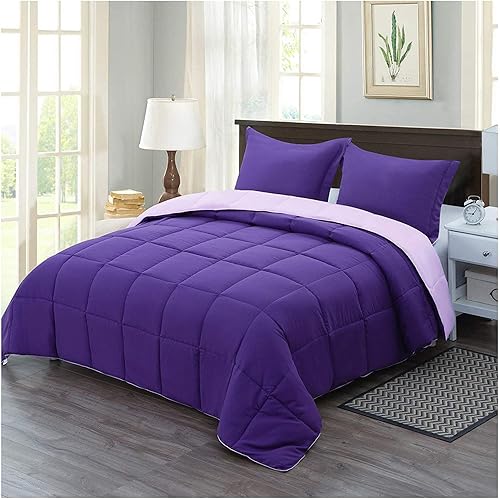Juego de edredón reversible de 3 piezas, color moradolila, tamaño matrimonial (90 x 90 pulgadas), edredón alternativo esponjoso con 2 fundas de