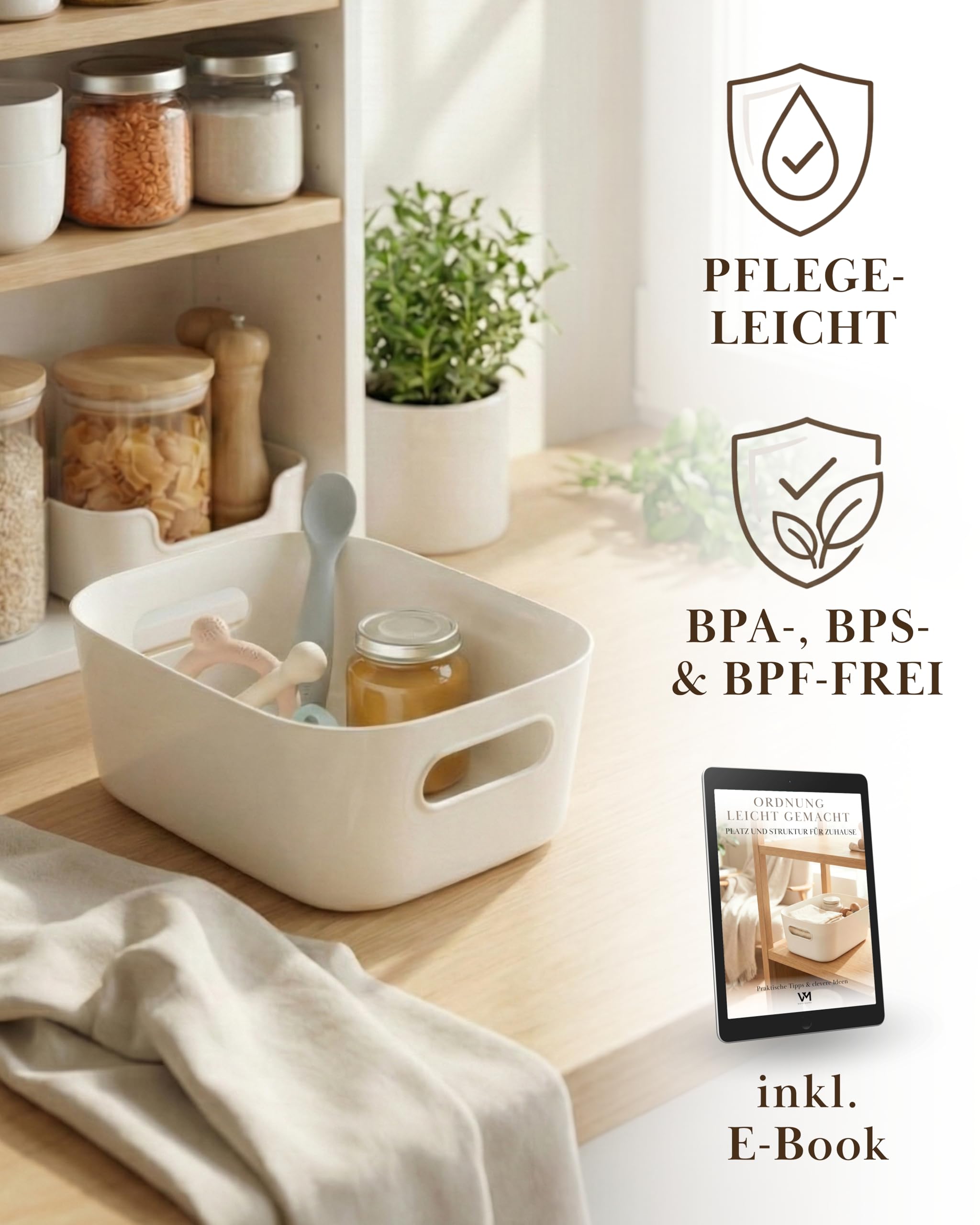 VMbathrooms Pudełka do przechowywania, zestaw 10 sztuk, białe, 25 cm, wytrzymały organizer kuchenny i uniwersalne pudełko (nie zawiera BPA), pudełka do przechowywania z ergonomicznymi uchwytami i