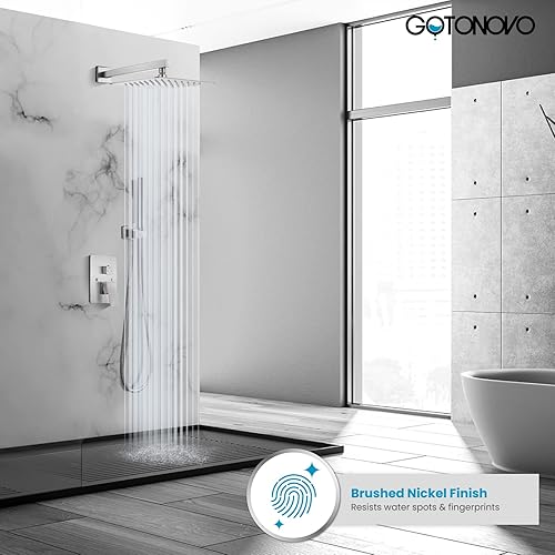 Miniatura 2 de gotonovo Juego de grifo de ducha de níquel cepillado para montaje en pared, cabezal de ducha cuadrado de 12 pulgadas, sistema de ducha de lluvia