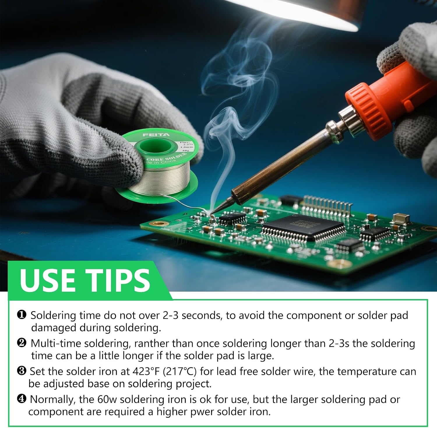 FEITA Sn99.3-Cu0.7 Lead Free Tin Rosin Core Solder Wire for Electrical Soldering, With 2.0% Solder flux, 217℃ Melting Point (0.8mm, 50g)
