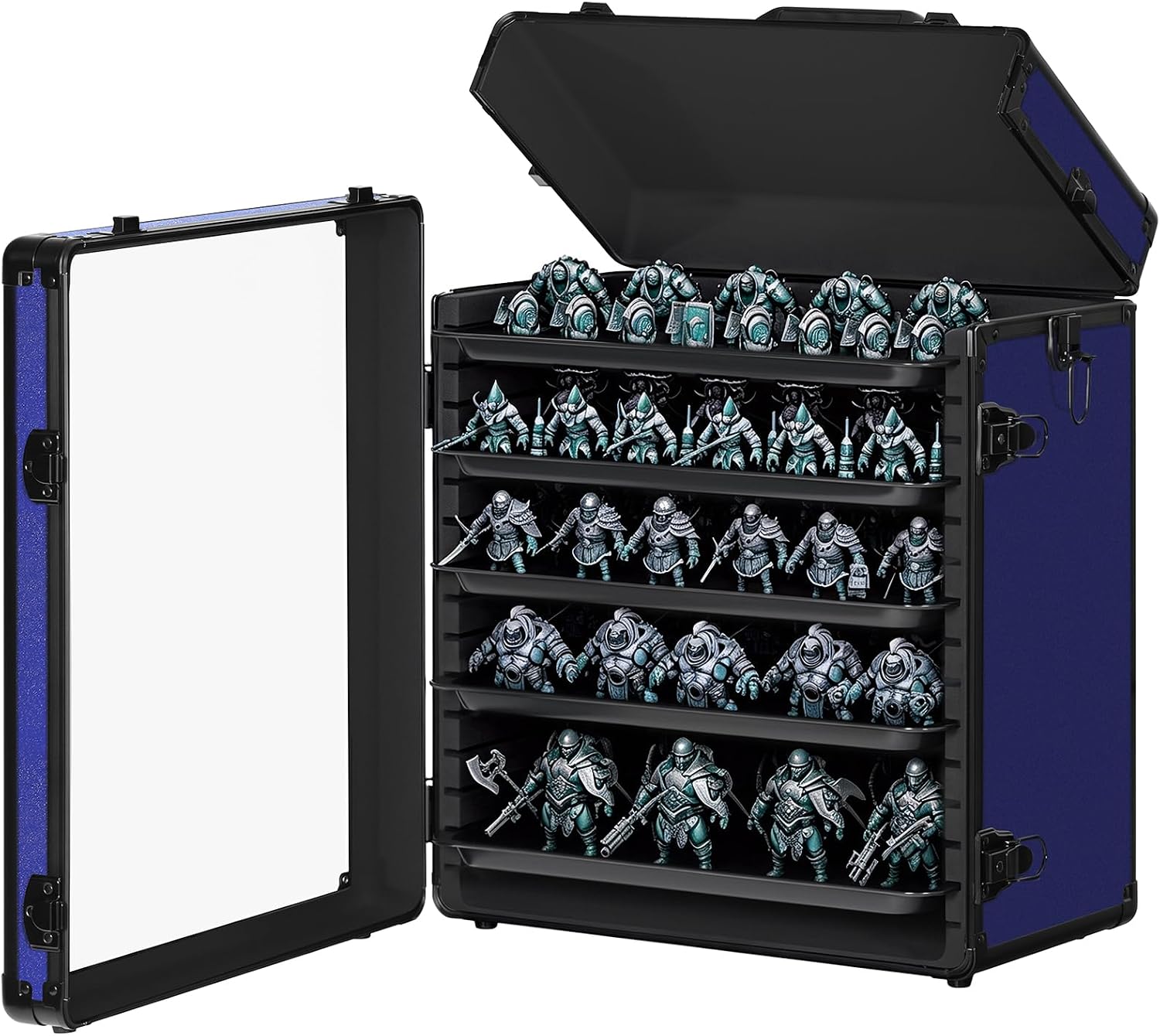Miniatures Storage Case for Collectibles, Figurine Display Case with 2 Locks & 5 Removable Metal Trays, Miniature Storage & Transport Box with Handle, Aluminum Alloy Frame, Blue